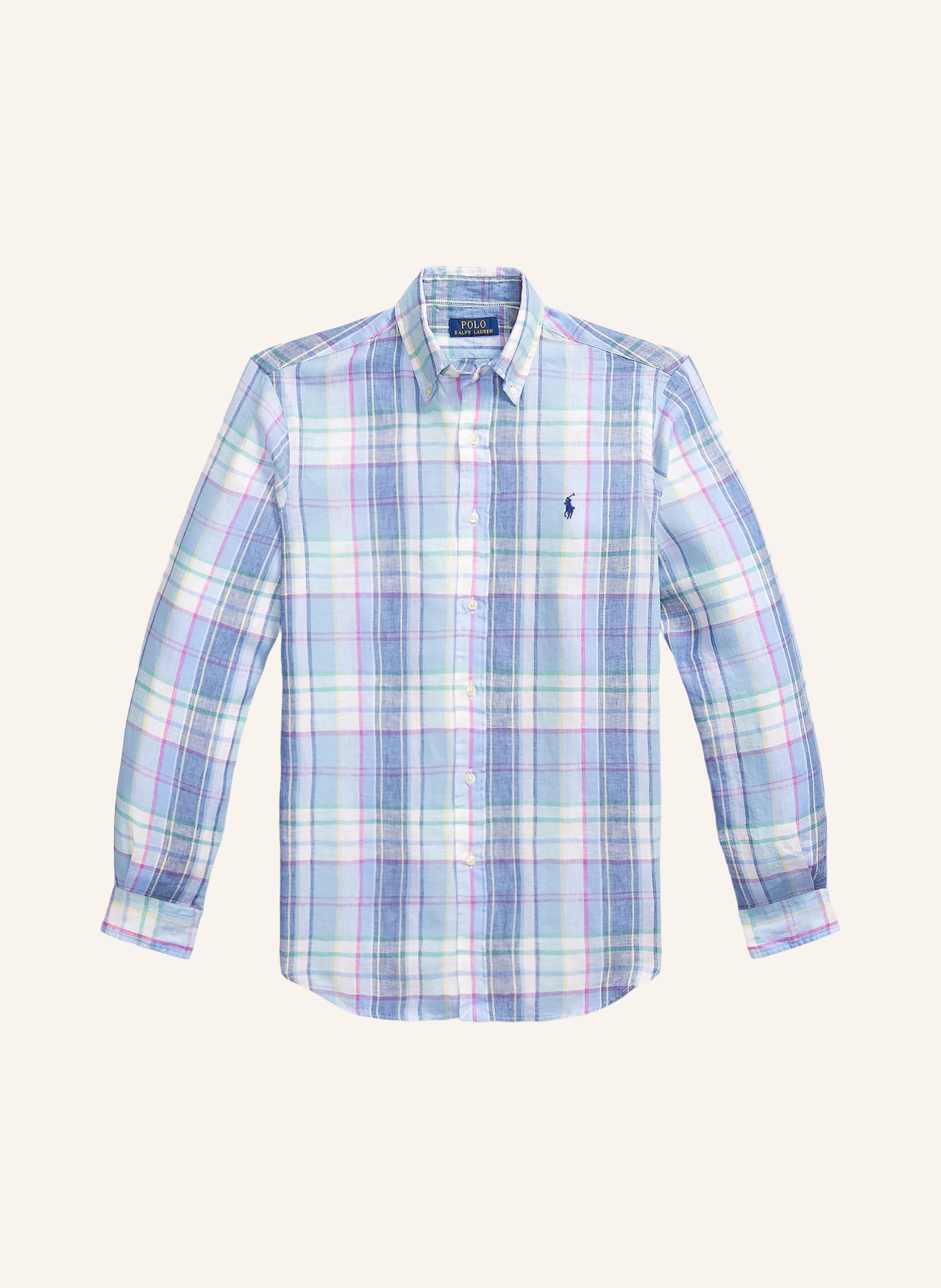 POLO RALPH LAUREN Leinenhemd Custom Fit: HELLBLAU / ROSA / HELLGRÜN