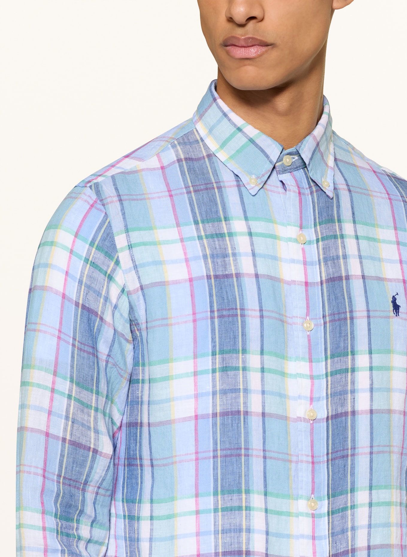 POLO RALPH LAUREN Leinenhemd Custom Fit: HELLBLAU / ROSA / HELLGRÜN