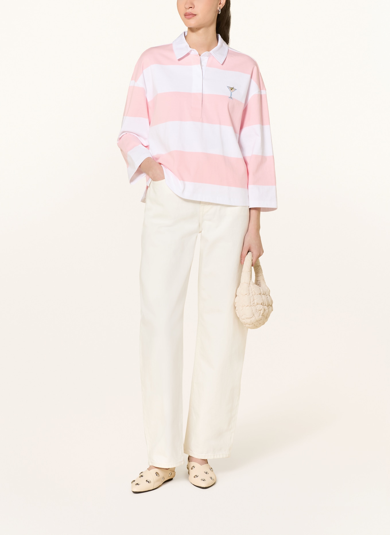 Smith & Soul Jersey poloshirt met sieradenparels: ROZE / WIT