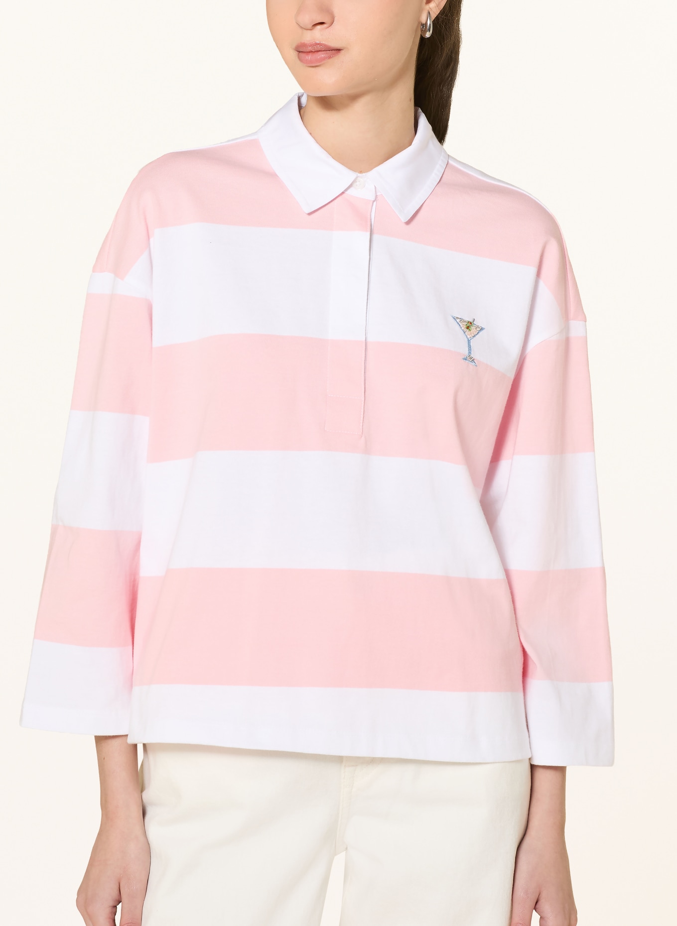 Smith & Soul Jersey poloshirt met sieradenparels: ROZE / WIT
