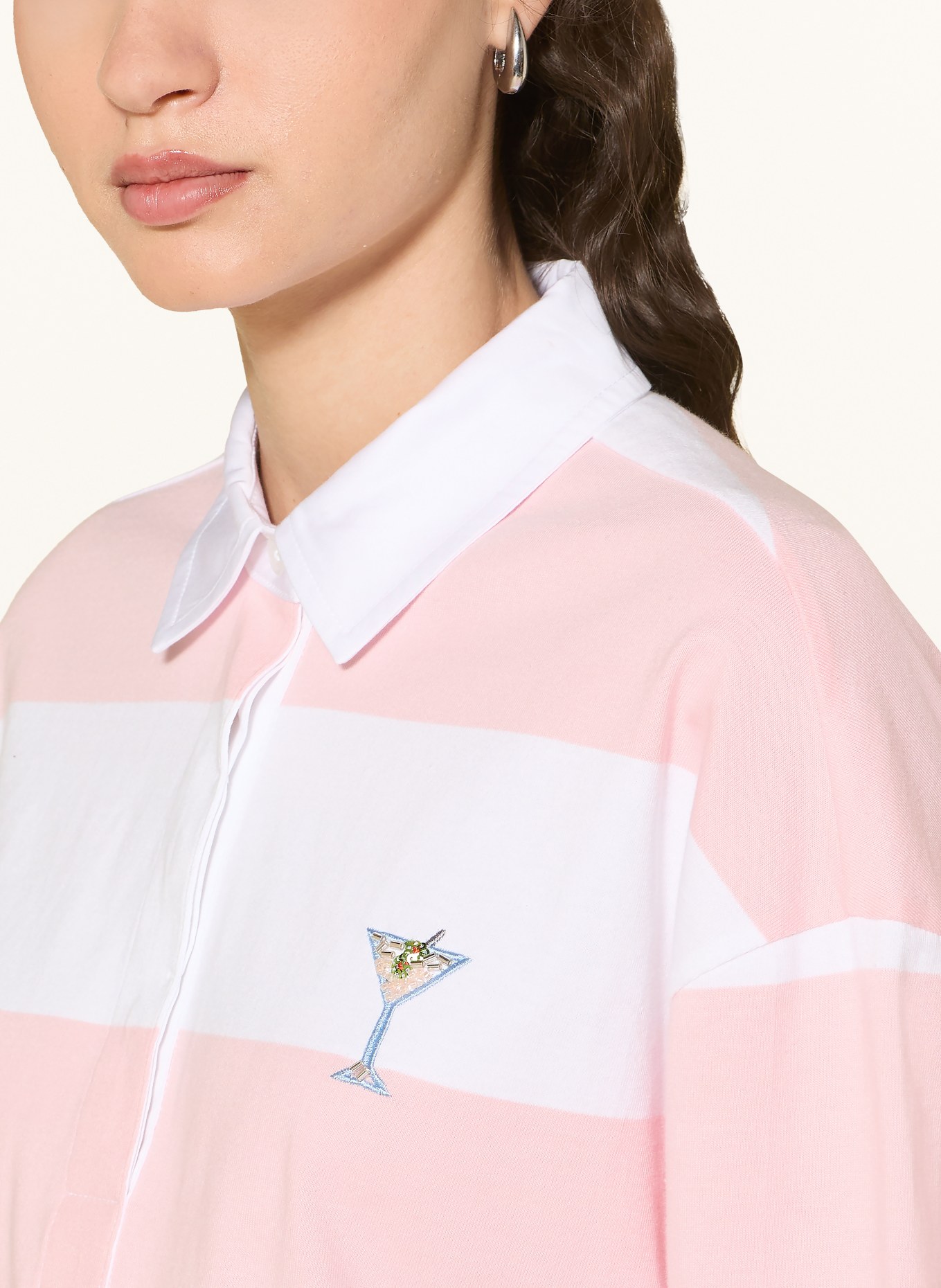 Smith & Soul Jersey poloshirt met sieradenparels: ROZE / WIT