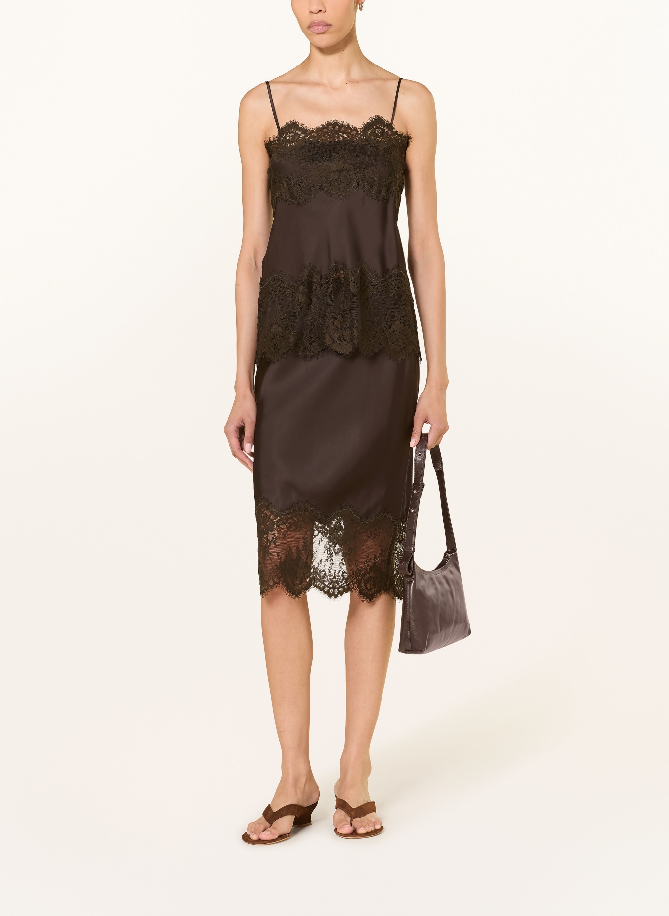 Herskind LINNEA Satin Top with Lace: DARK BROWN / DARK GREEN
