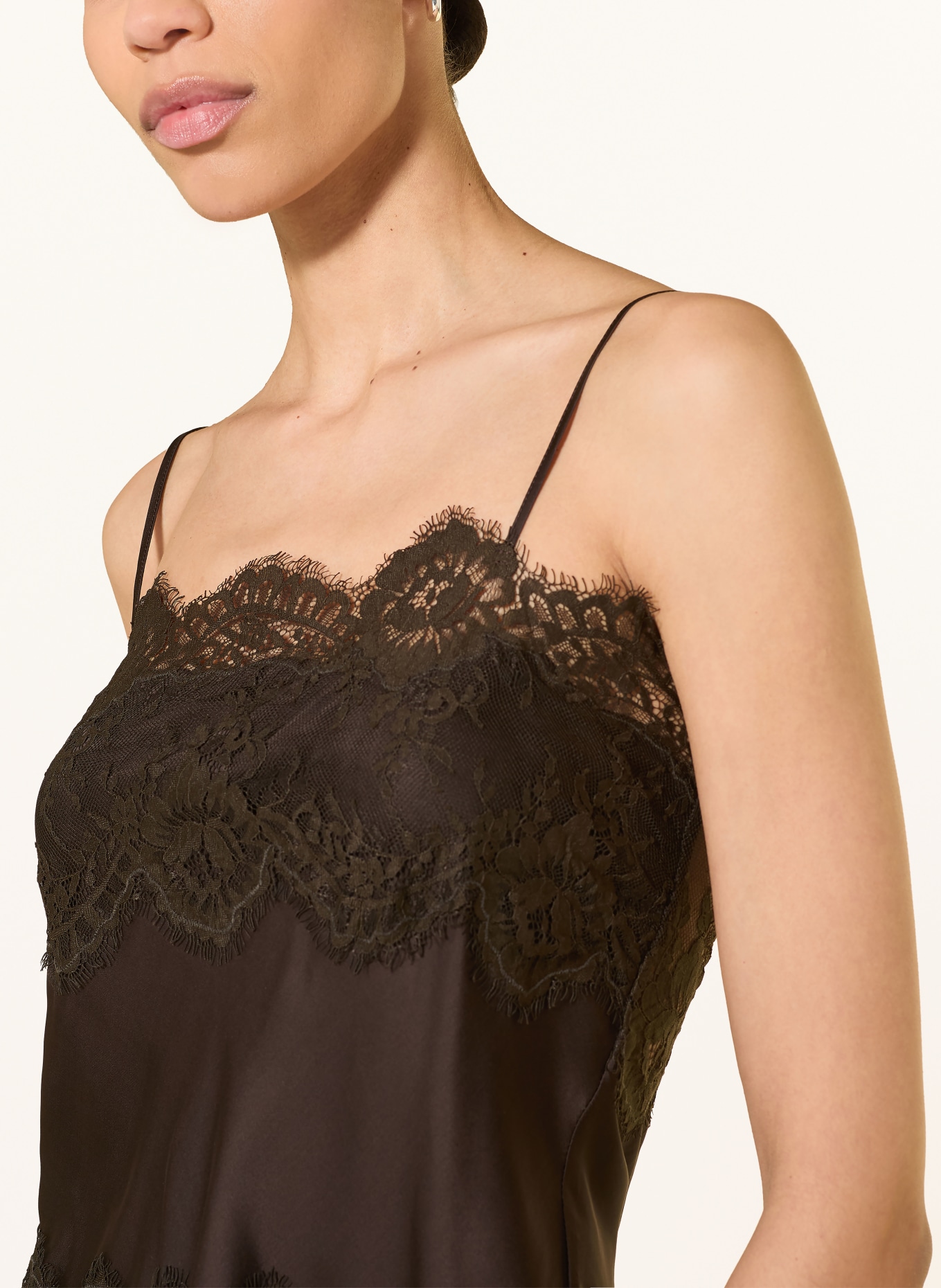Herskind LINNEA Satin Top with Lace: DARK BROWN / DARK GREEN