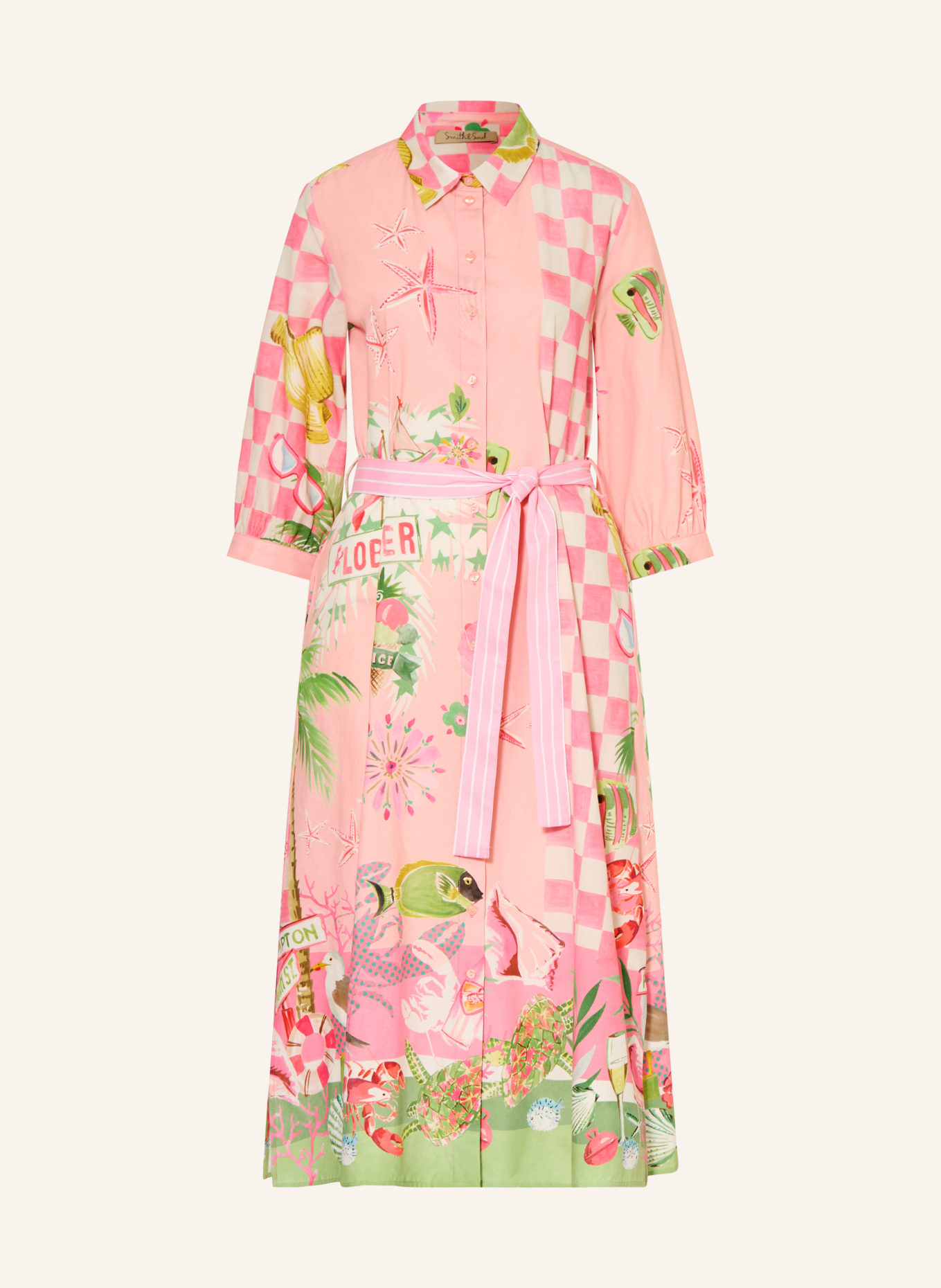 Smith & Soul Shirt dress with 3/4 sleeves: PINK / PINK / LIGHT GREEN