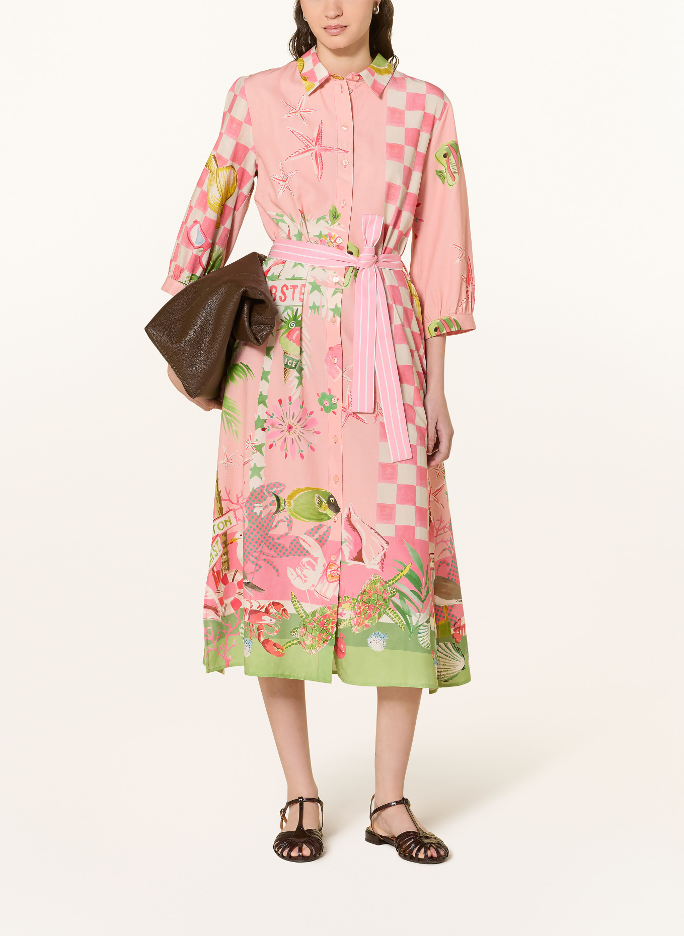 Smith & Soul Shirt dress with 3/4 sleeves: PINK / PINK / LIGHT GREEN