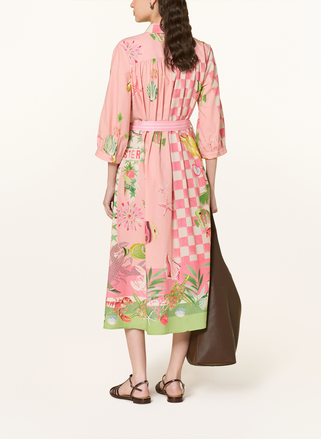Smith & Soul Shirt dress with 3/4 sleeves: PINK / PINK / LIGHT GREEN