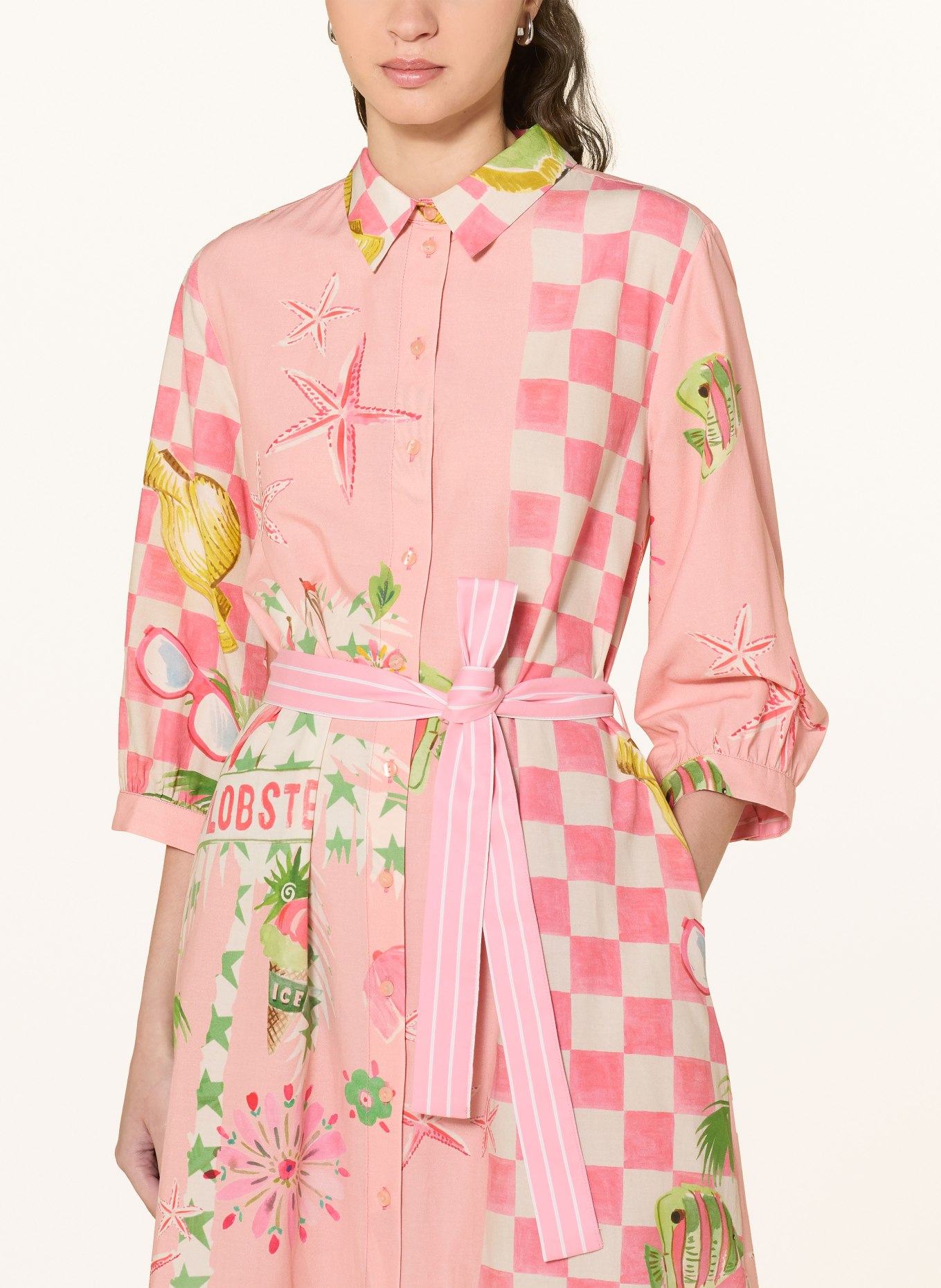 Smith & Soul Shirt dress with 3/4 sleeves: PINK / PINK / LIGHT GREEN