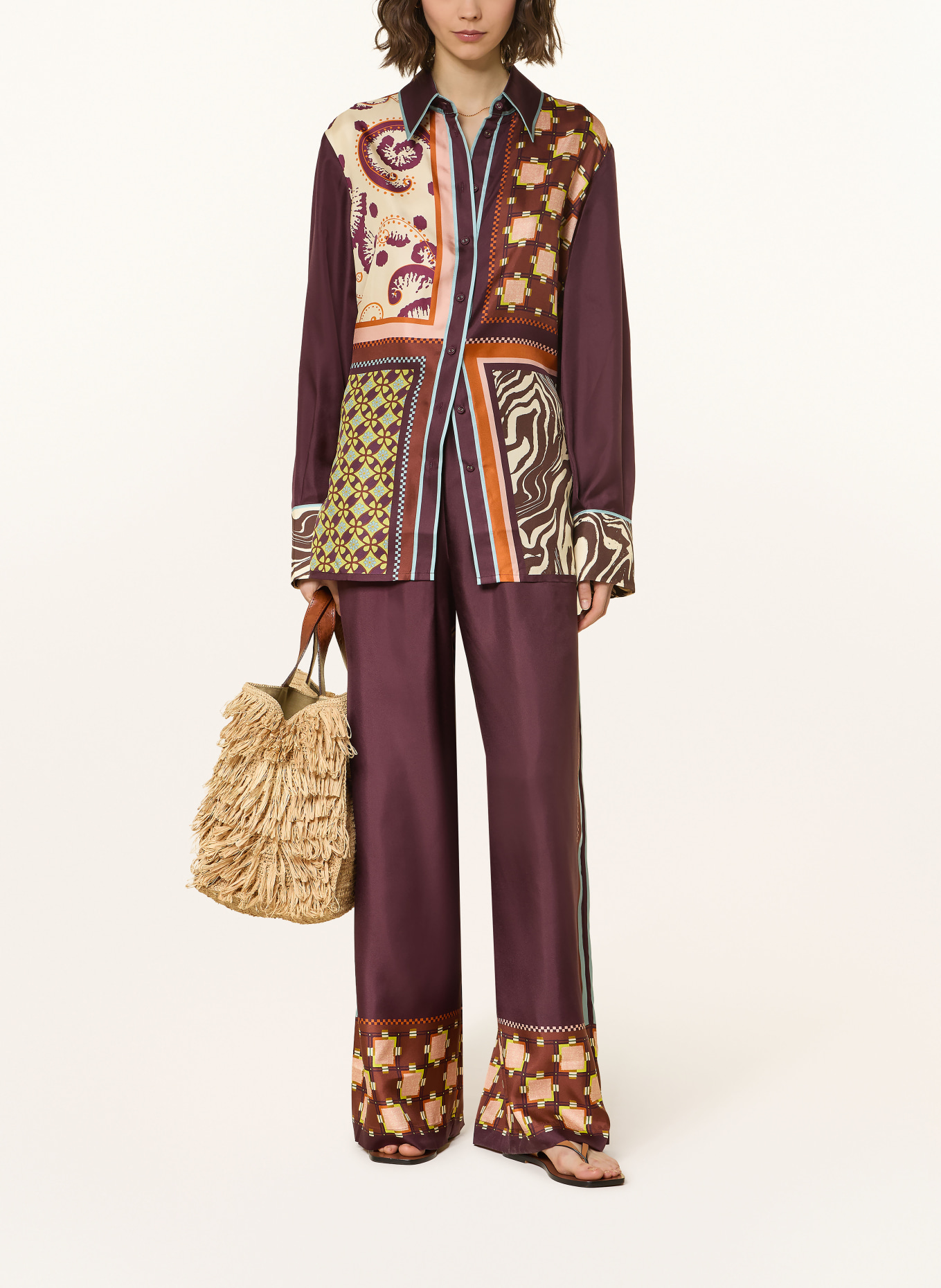 ALÉMAIS WILSON silk wide-leg pants: DARK RED / BROWN / NEON GREEN