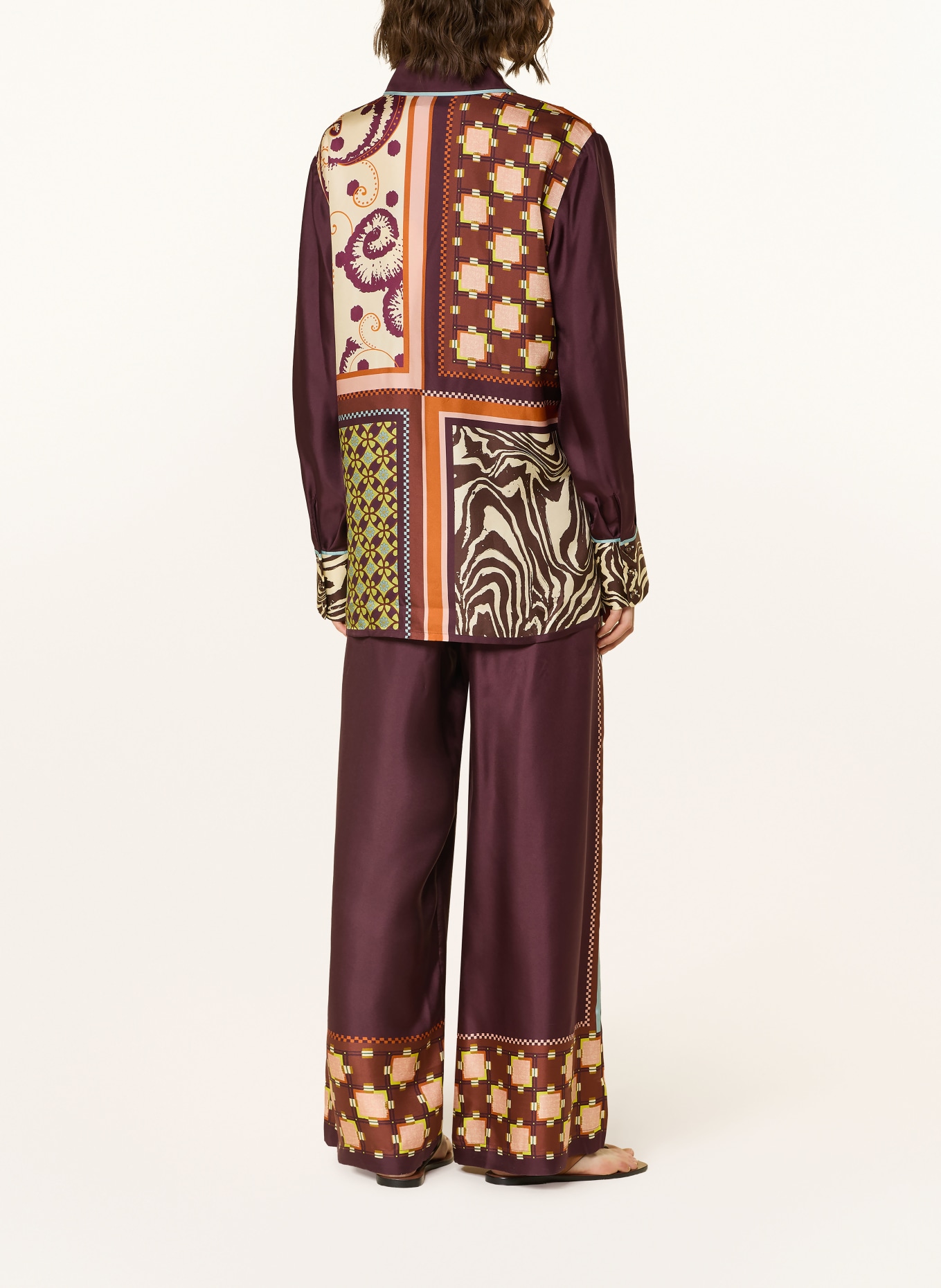 ALÉMAIS WILSON silk wide-leg pants: DARK RED / BROWN / NEON GREEN