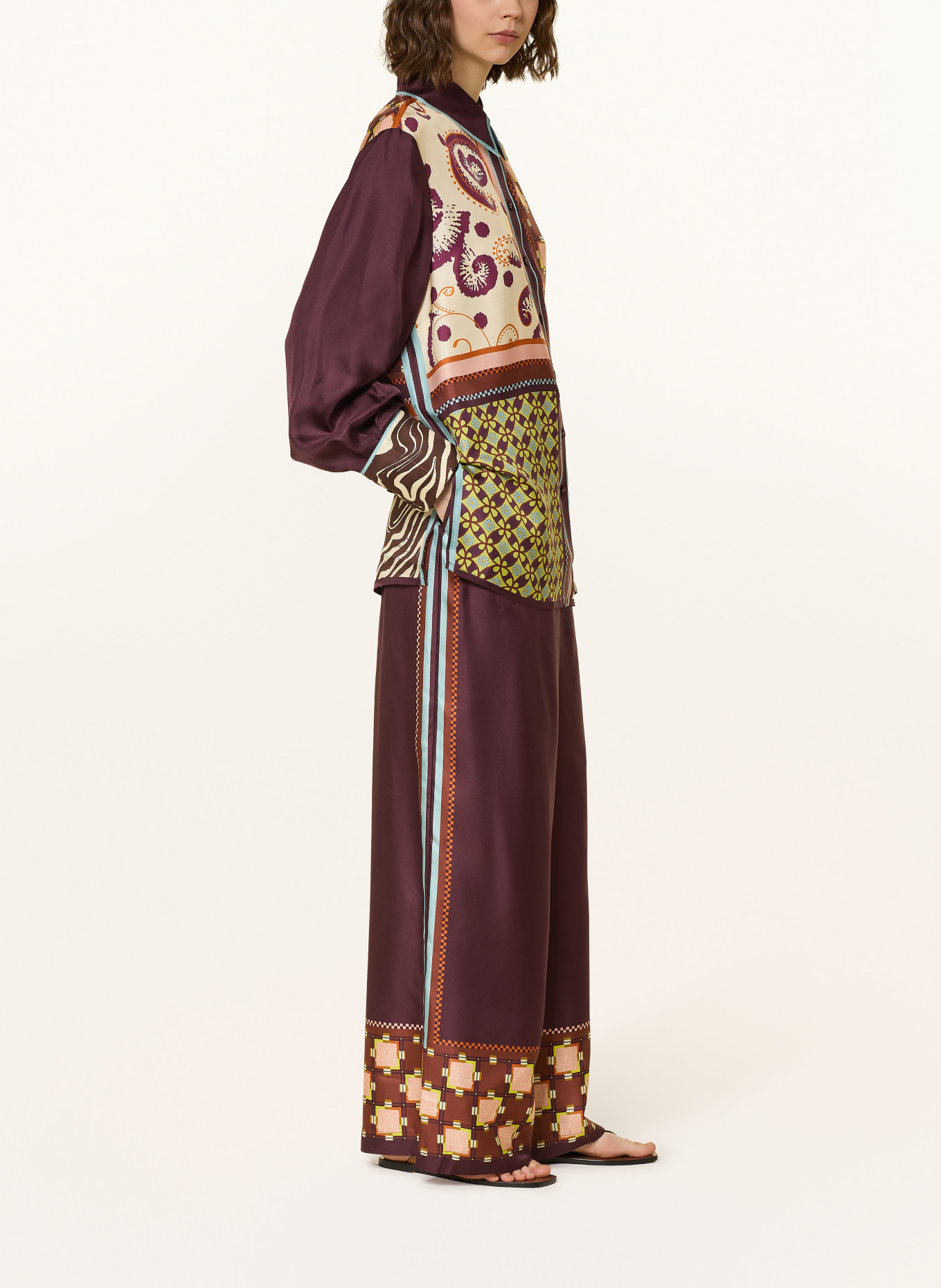 ALÉMAIS WILSON silk wide-leg pants: DARK RED / BROWN / NEON GREEN