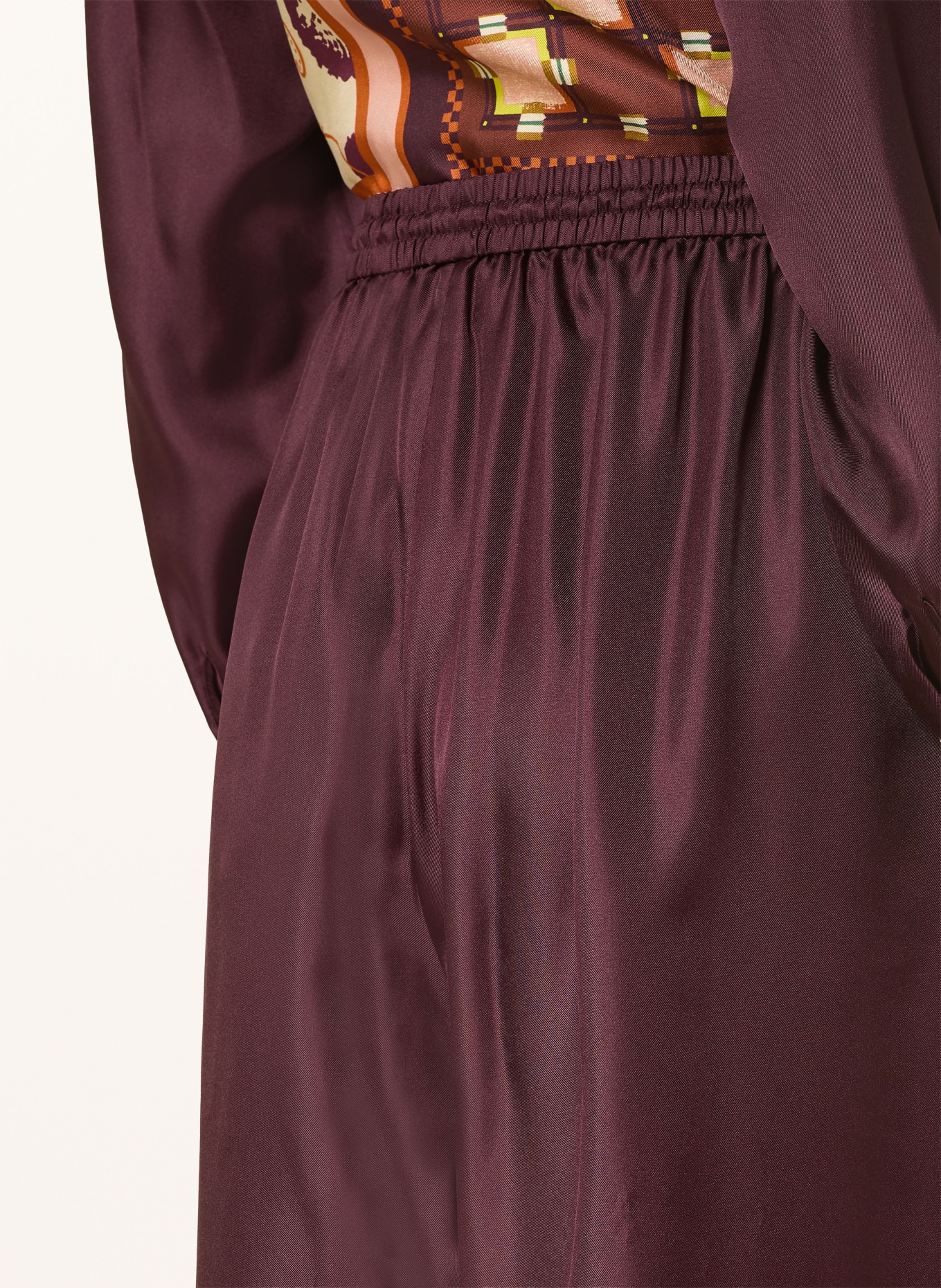 ALÉMAIS WILSON silk wide-leg pants: DARK RED / BROWN / NEON GREEN