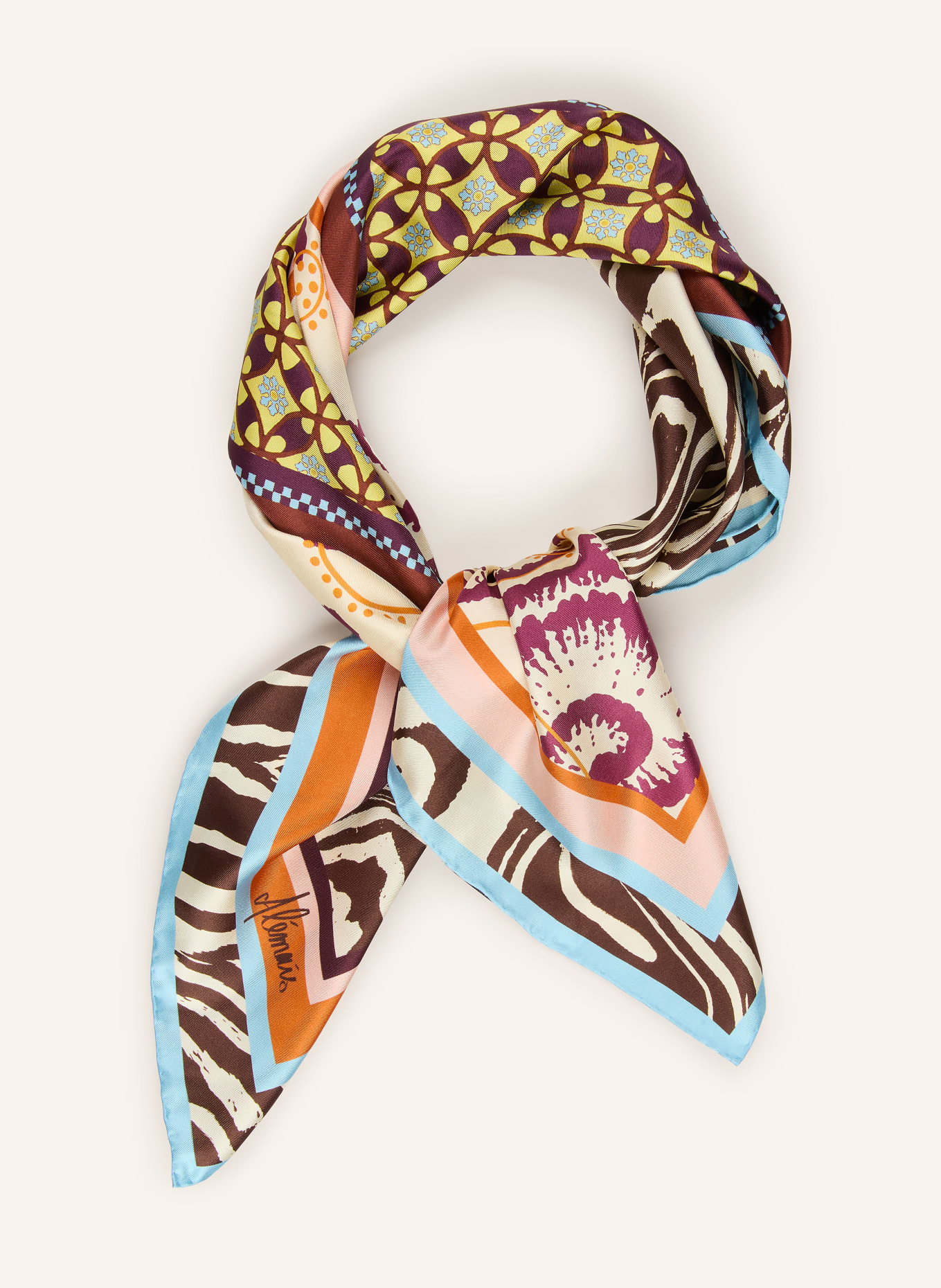ALÉMAIS Foulard en soie WILSON: MARRON / CRÈME / BLEU CLAIR