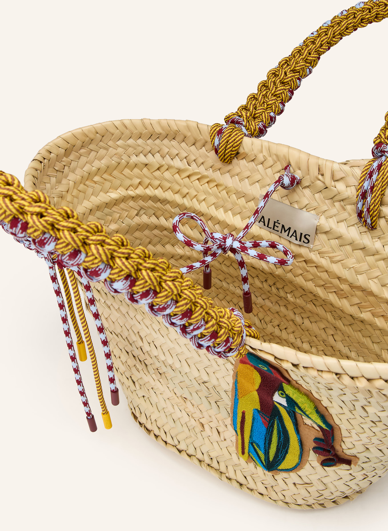 ALÉMAIS Sac cabas TOUCAN TANGO MACRAME MIDI: CHAMEAU / ROUGE FONCÉ / JAUNE