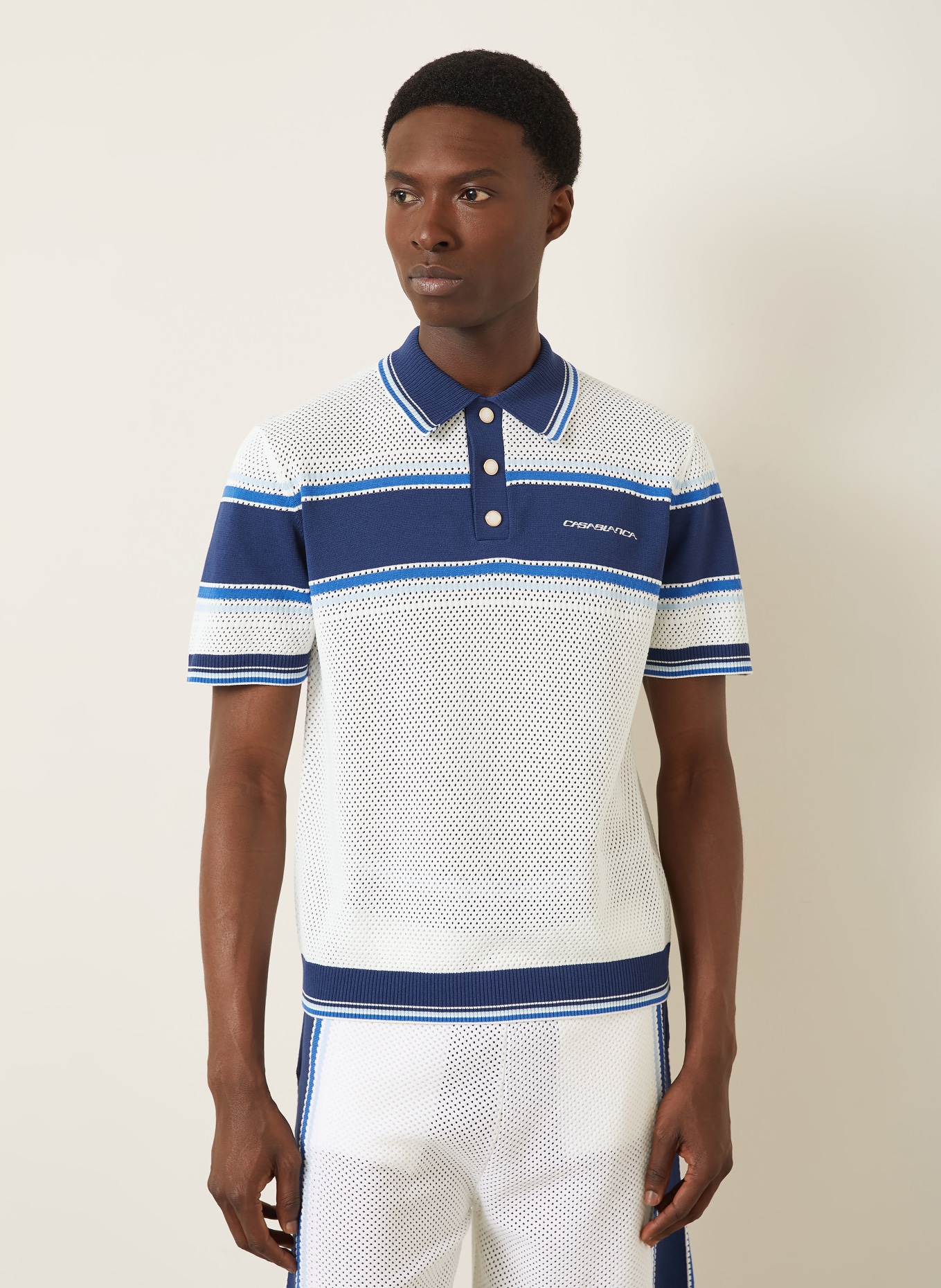 Casablanca Gebreid poloshirt: WIT / BLAUW