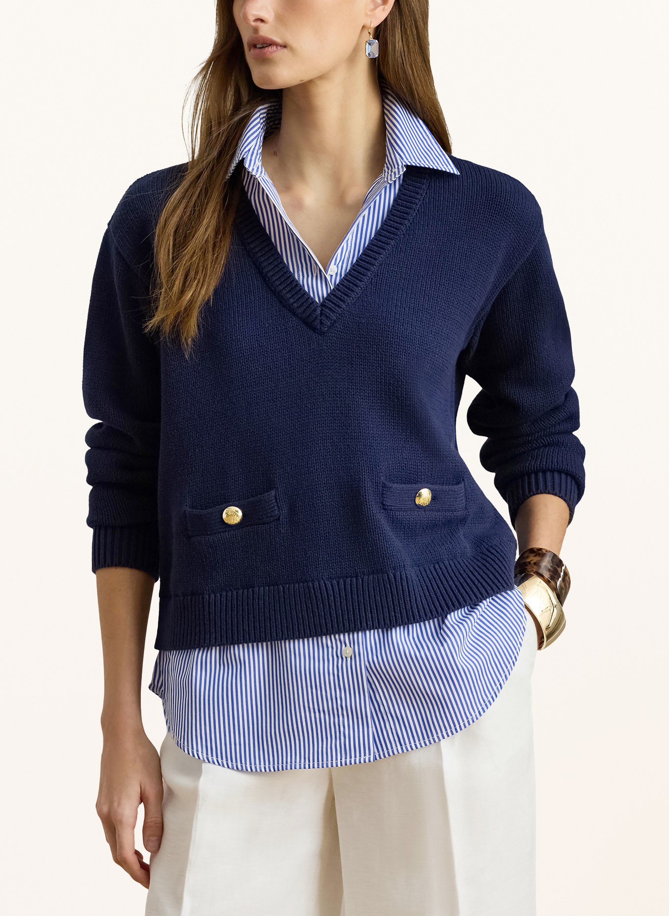 LAUREN RALPH LAUREN Pull en mélange de matières: BLEU FONCÉ / BLEU / BLANC