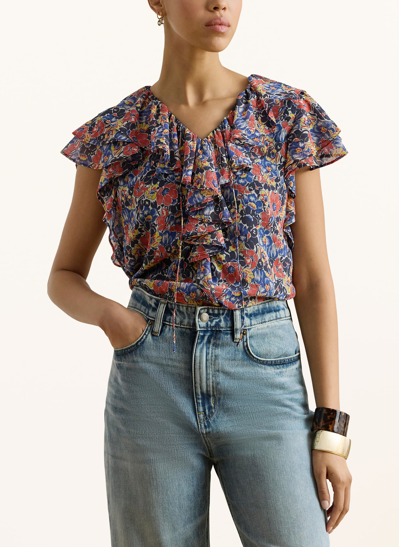 LAUREN RALPH LAUREN Chemisier à volants: BLEU / ROUGE / JAUNE