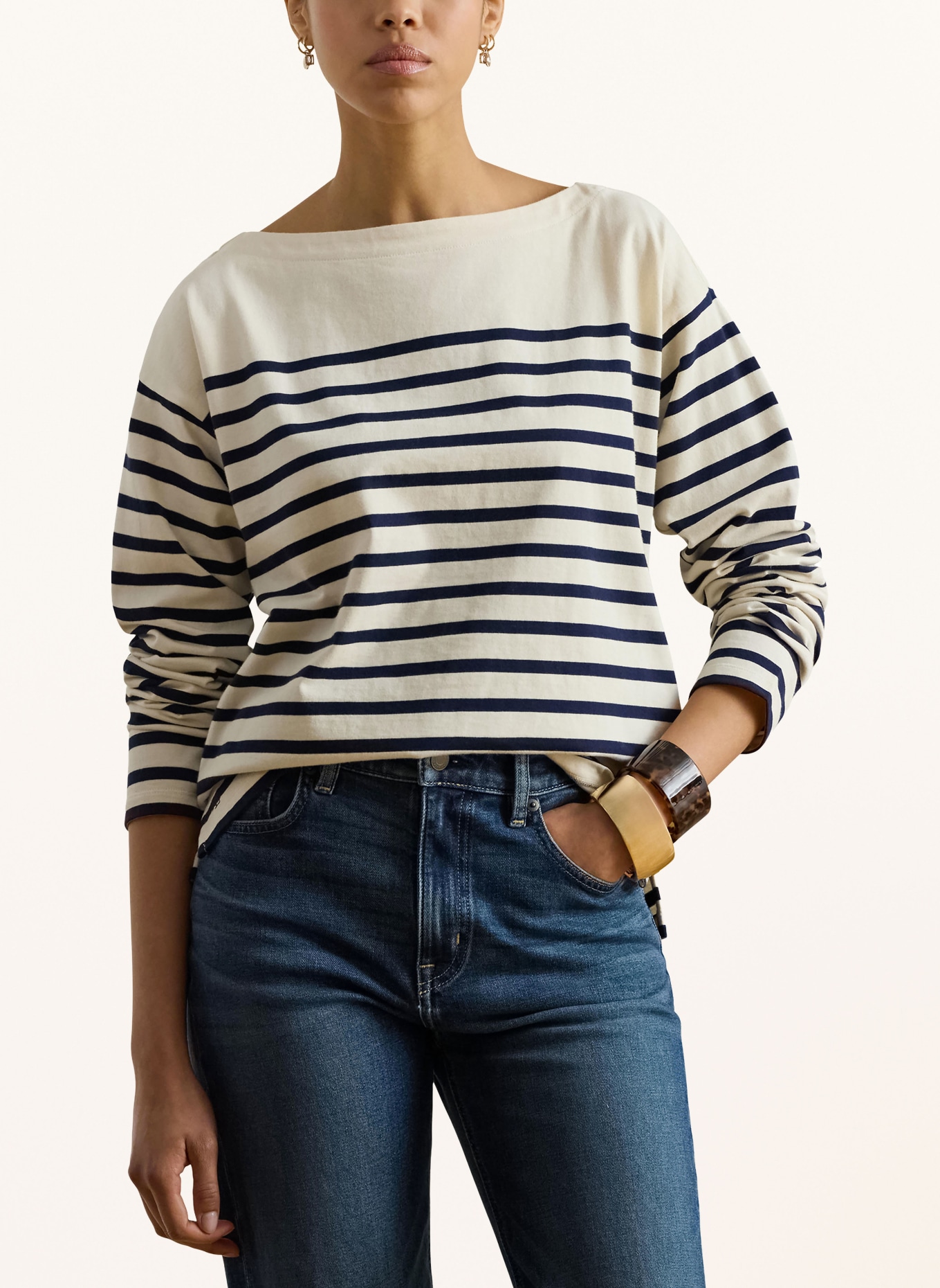 LAUREN RALPH LAUREN Longsleeve: ECRU / DUNKELBLAU