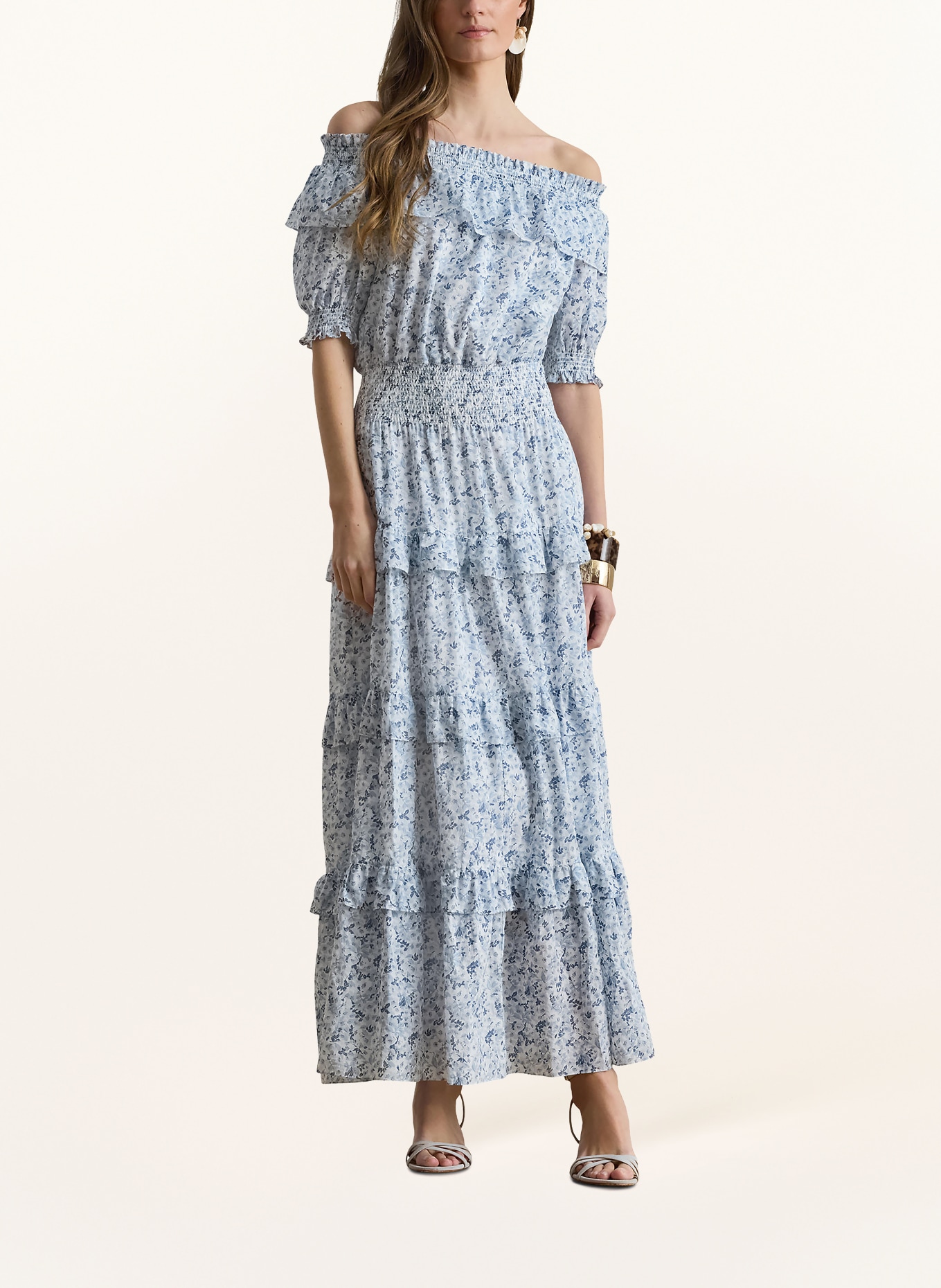 LAUREN RALPH LAUREN Sukienka z odkrytymi ramionami i falbanami: JASNONIEBIESKI / GRANATOWY / BIAŁY