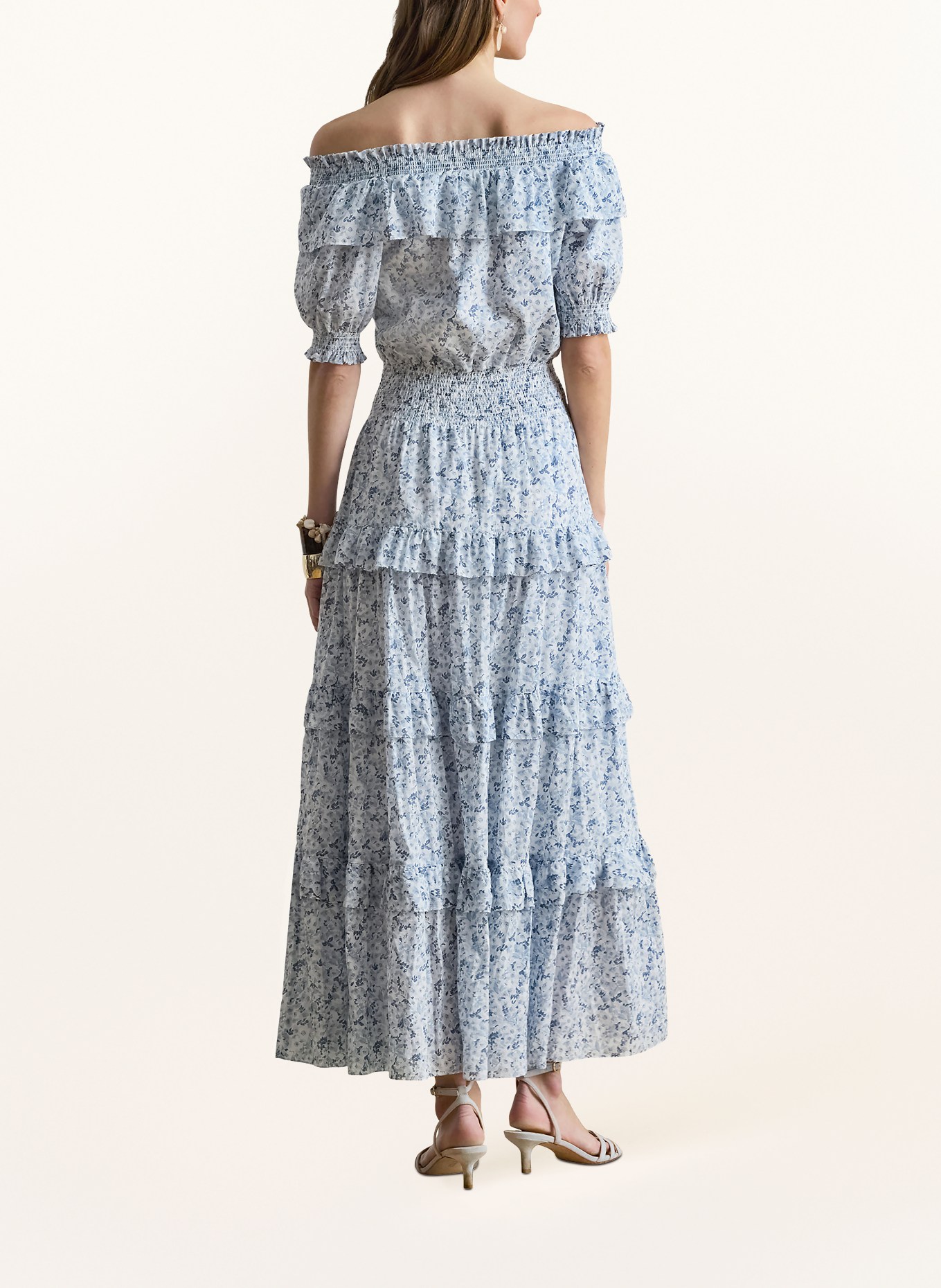 LAUREN RALPH LAUREN Sukienka z odkrytymi ramionami i falbanami: JASNONIEBIESKI / GRANATOWY / BIAŁY