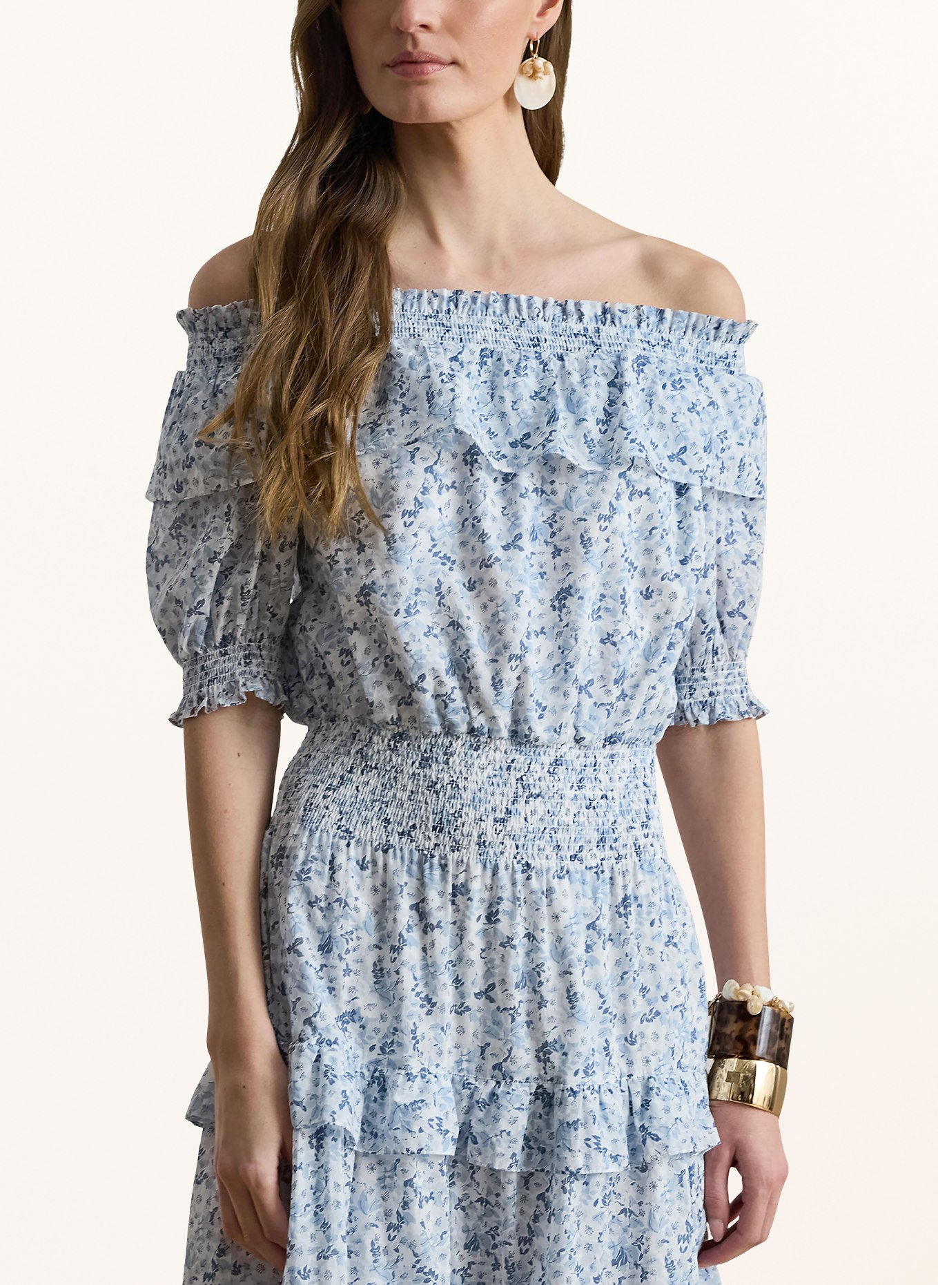 LAUREN RALPH LAUREN Sukienka z odkrytymi ramionami i falbanami: JASNONIEBIESKI / GRANATOWY / BIAŁY