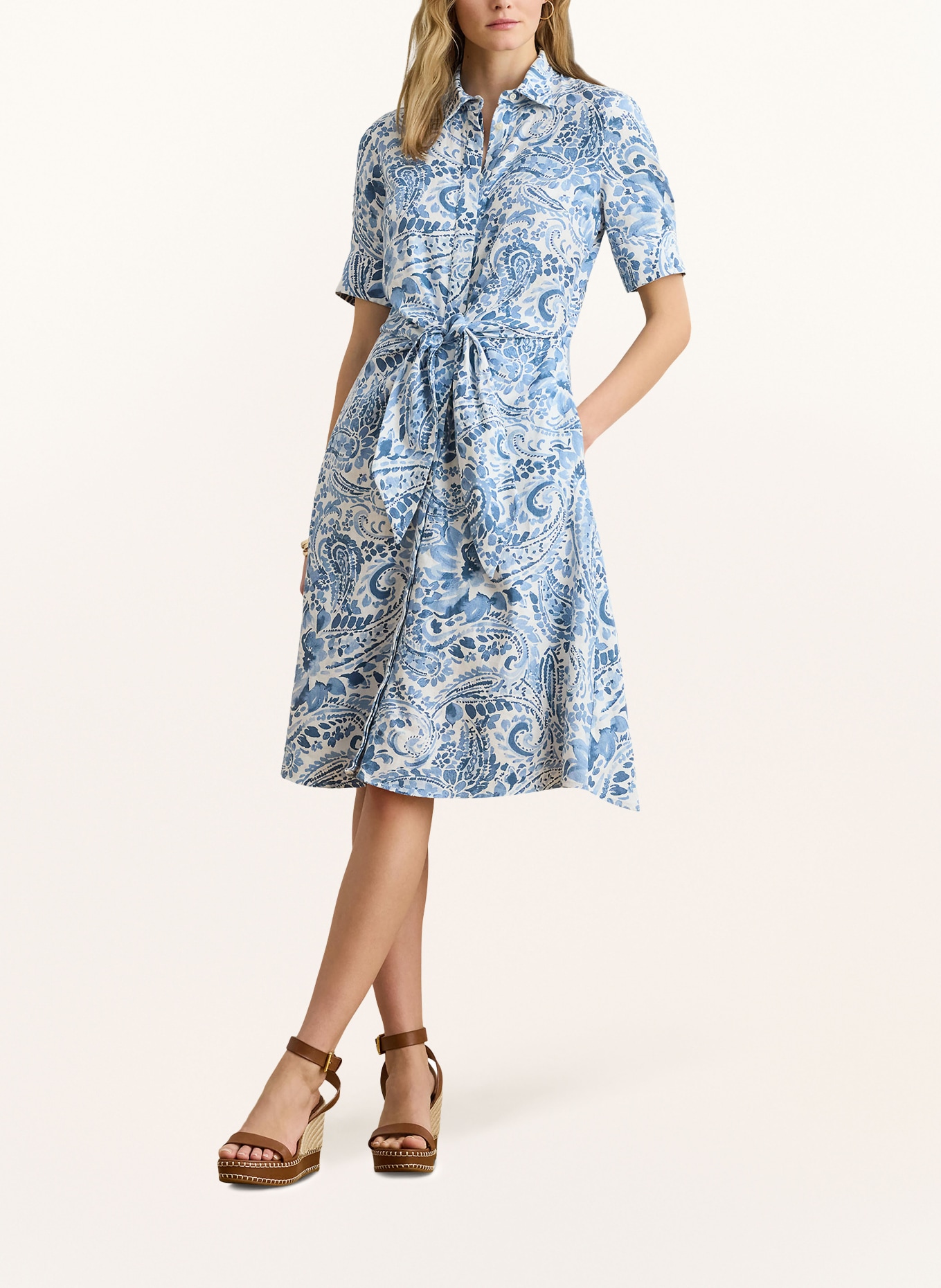 LAUREN RALPH LAUREN Robe chemise en lin: BLANC / BLEU CLAIR