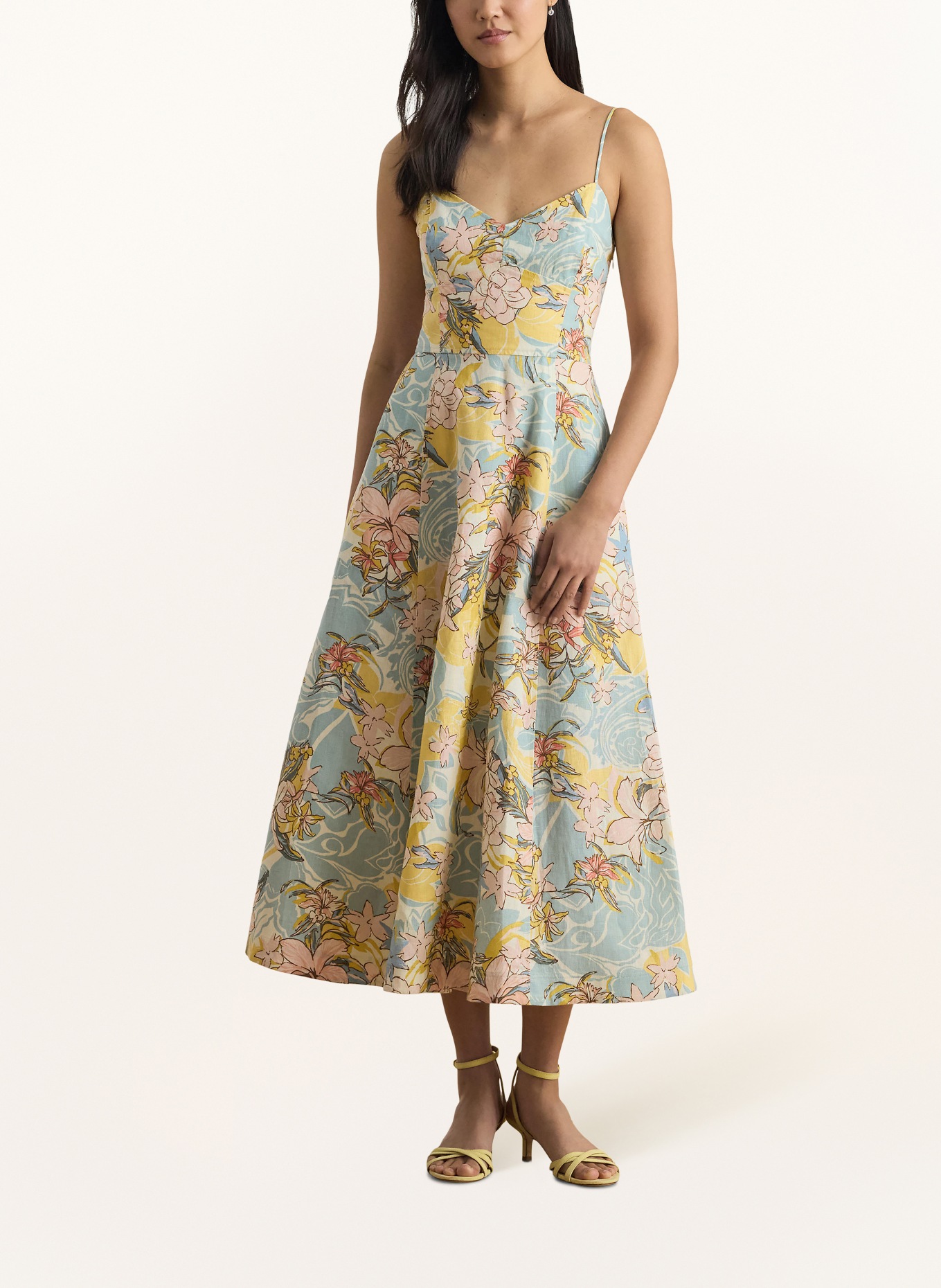 LAUREN RALPH LAUREN Leinenkleid: DUNKELGELB / HELLROT / HELLBLAU