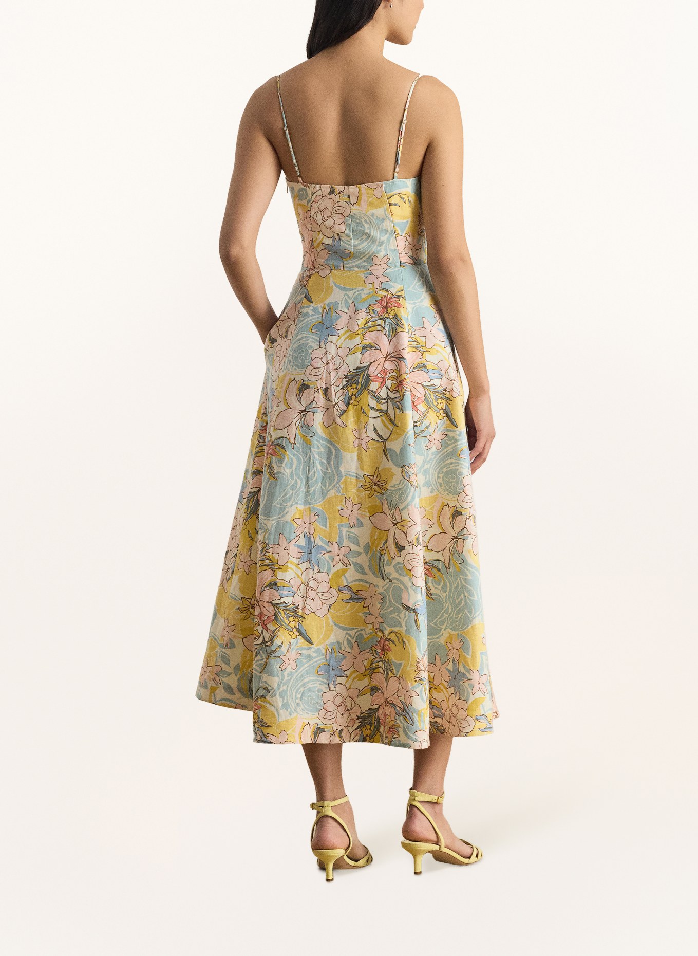 LAUREN RALPH LAUREN Leinenkleid: DUNKELGELB / HELLROT / HELLBLAU