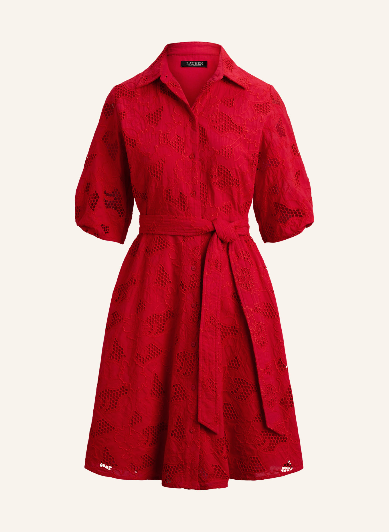 LAUREN RALPH LAUREN Robe chemise en dentelle: ROUGE