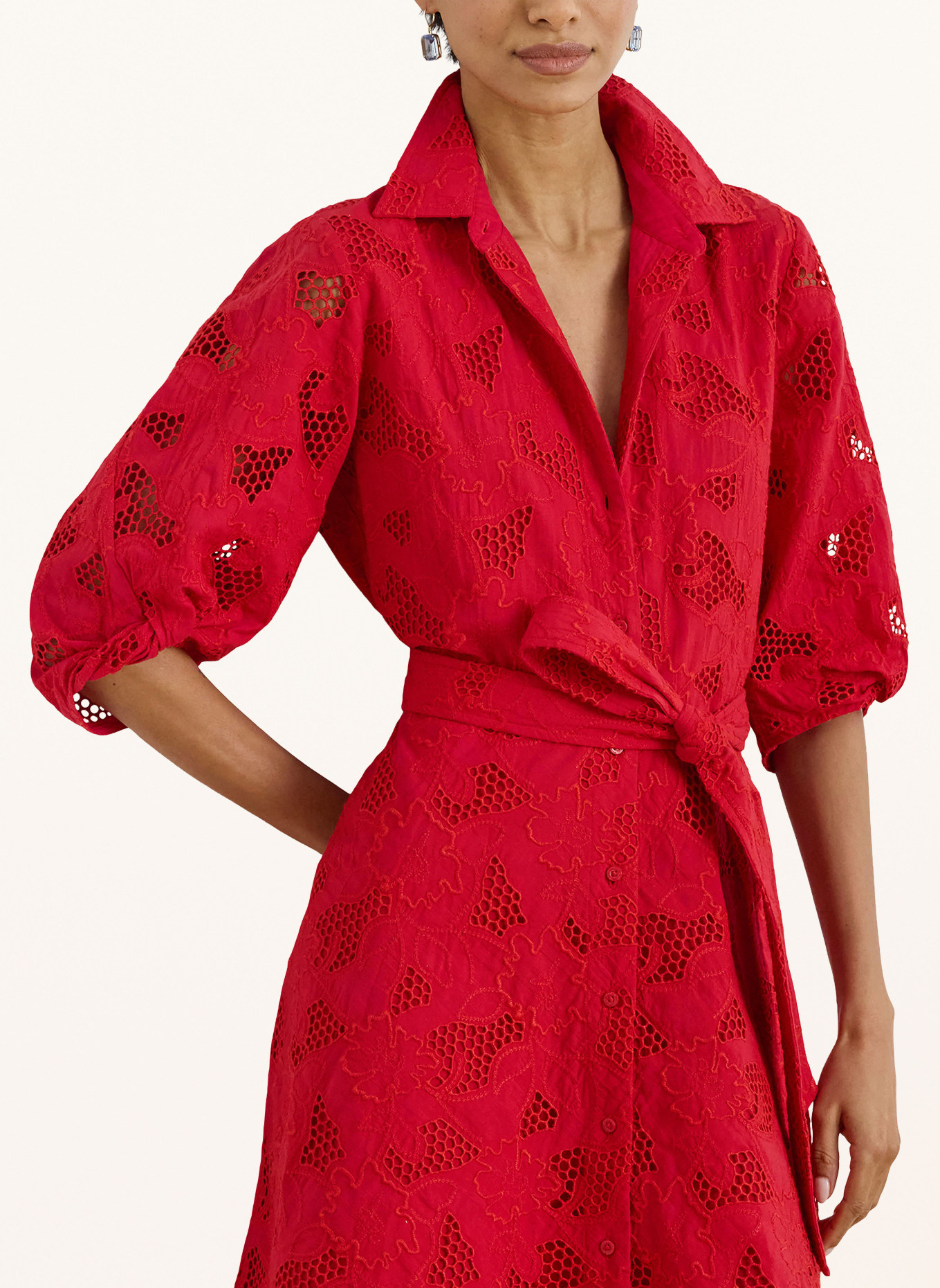 LAUREN RALPH LAUREN Robe chemise en dentelle: ROUGE