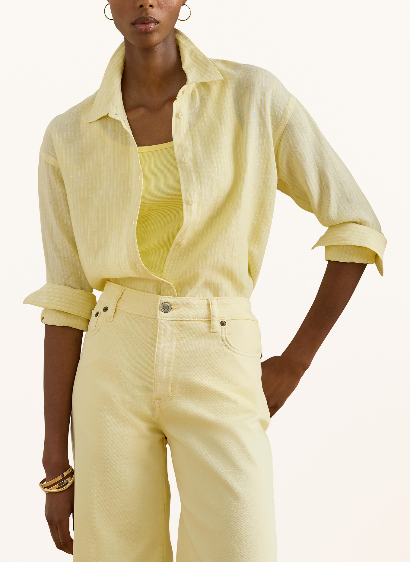 LAUREN RALPH LAUREN Hemdbluse aus Leinen: GELB / WEISS