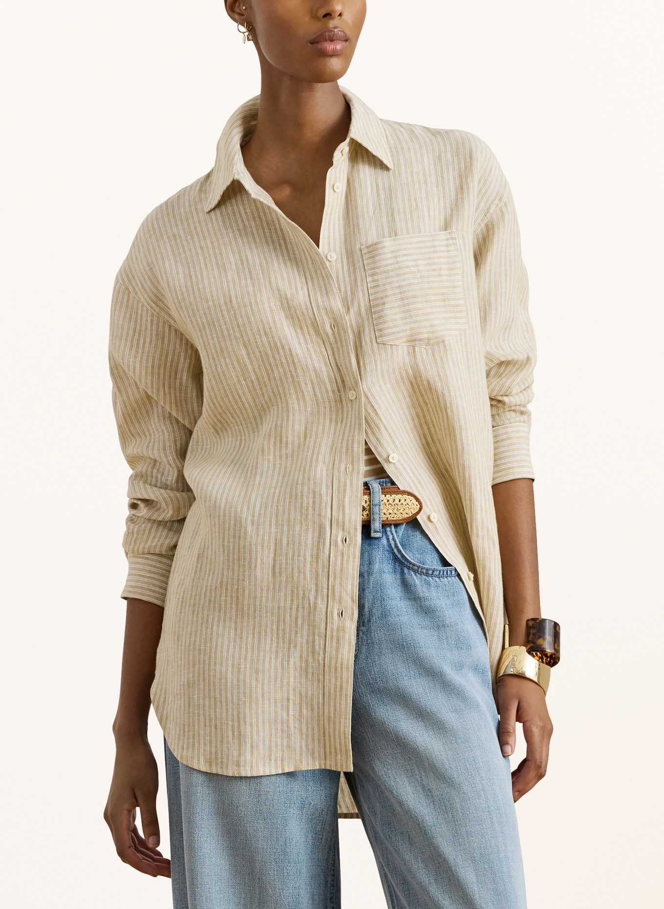 LAUREN RALPH LAUREN Lněná košile: SVĚTLE HNĚDÁ / BÍLÁ