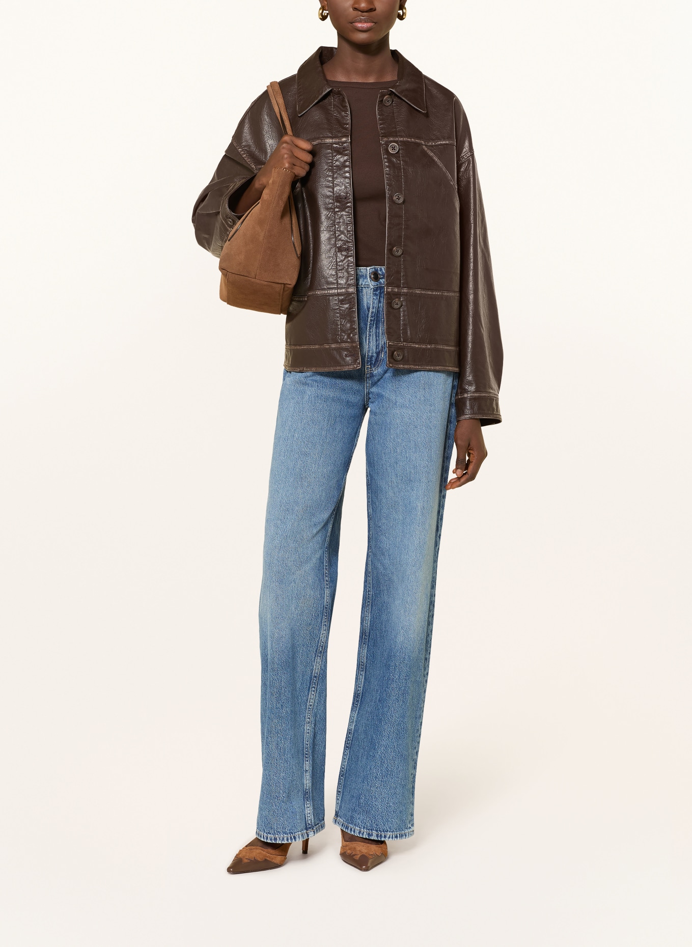 GUESS DENISE TOKYO Leather-Look Jacket: DARK BROWN