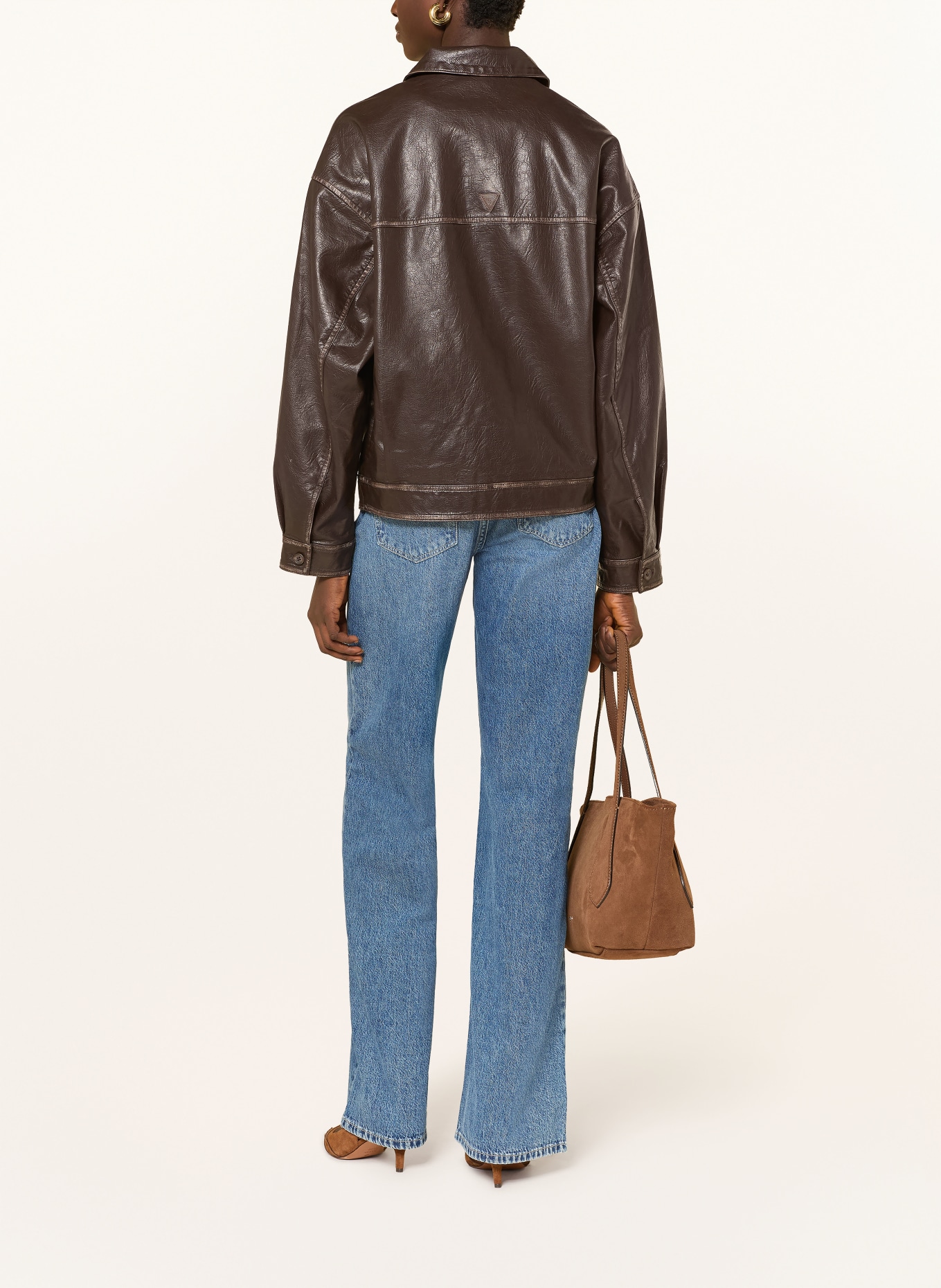 GUESS DENISE TOKYO Leather-Look Jacket: DARK BROWN