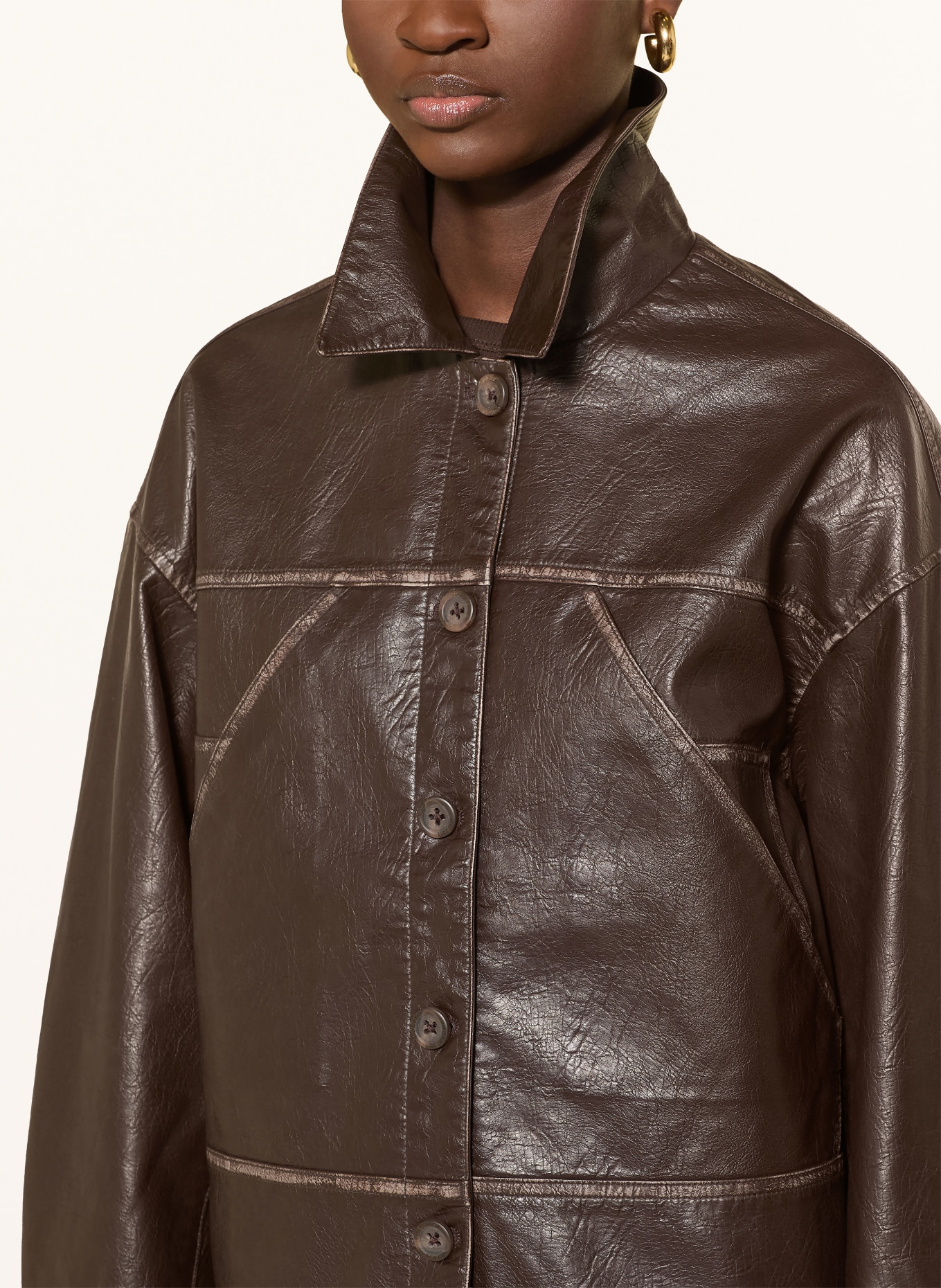 GUESS DENISE TOKYO Leather-Look Jacket: DARK BROWN