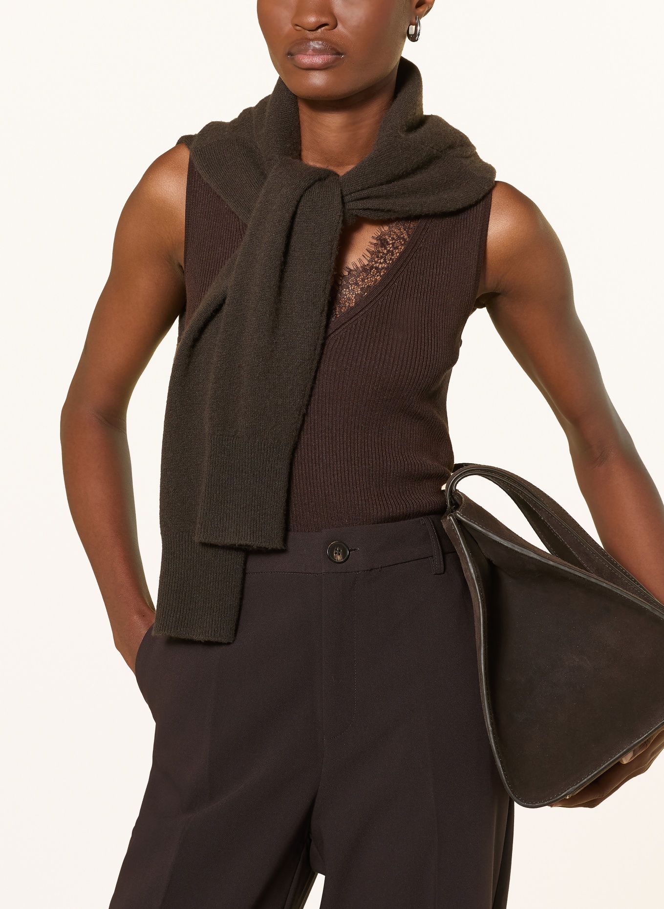 darling harbour Dzianinowy top z koronką: DARK BROWN