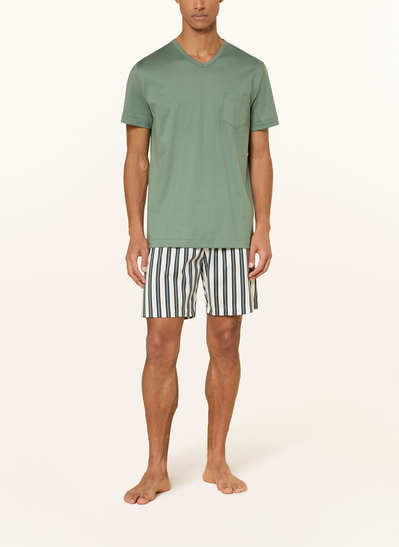 mey Shorty-pyjama uit de PALM STRIPES-serie: GROEN / GEEL / WIT