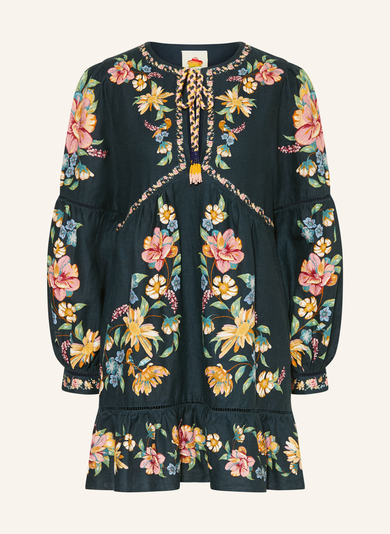 FARM RIO Sukienka MAIRA z lnu z falbanami: GRANATOWY / CIEMNOŻÓŁTY / ZIELONY