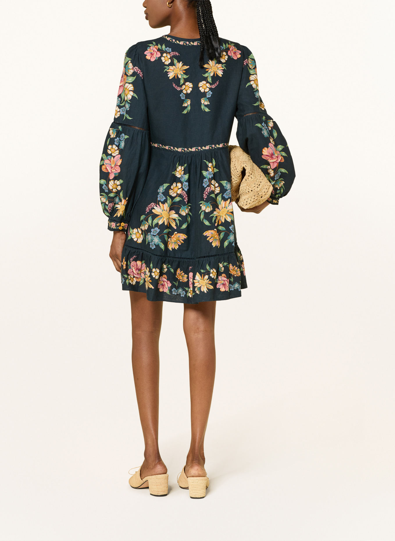 FARM RIO Sukienka MAIRA z lnu z falbanami: GRANATOWY / CIEMNOŻÓŁTY / ZIELONY