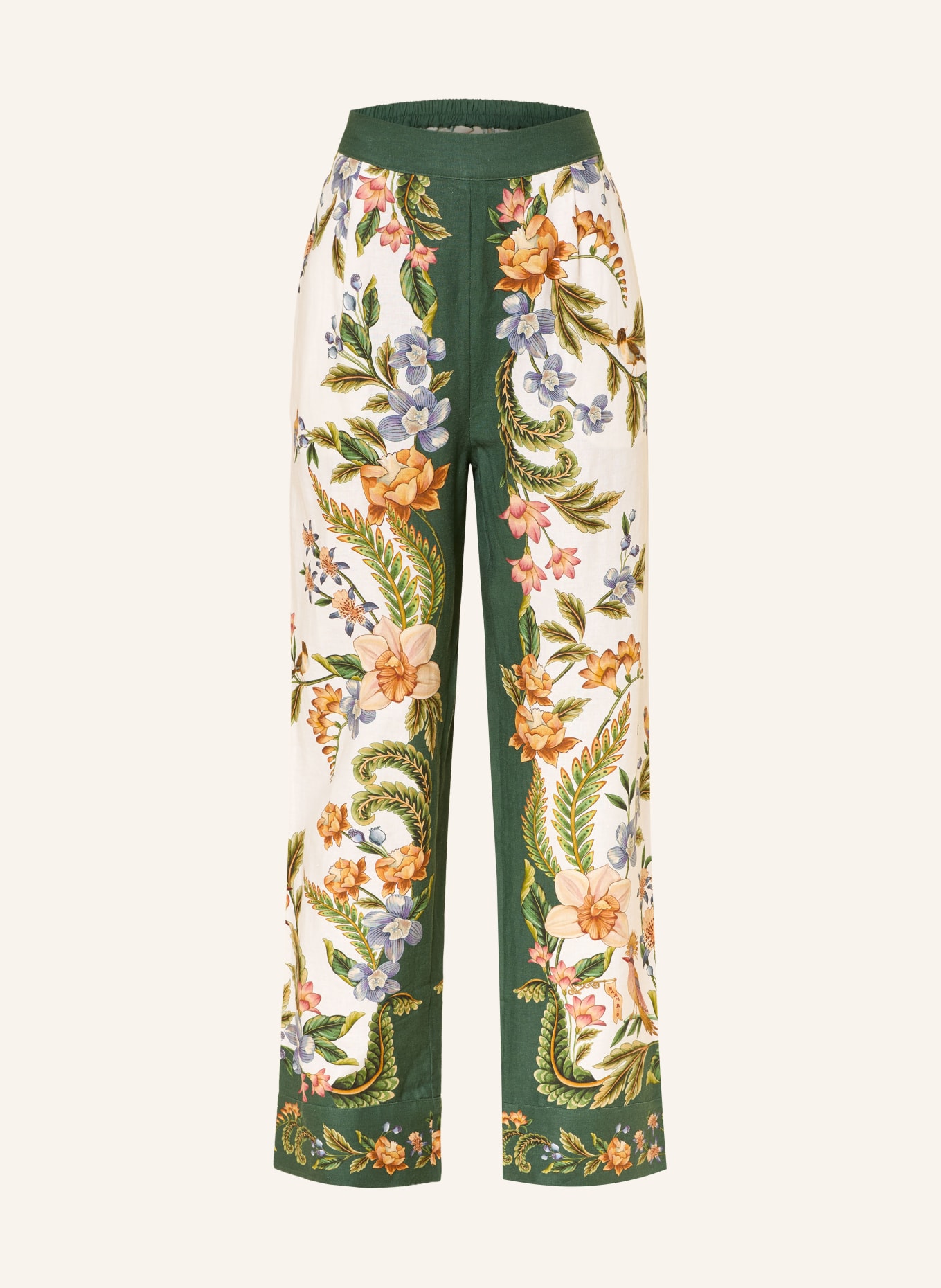 FARM RIO Marlene-broek NATURE SAND met linnen: ECRU / DONKERORANJE / DONKERGROEN