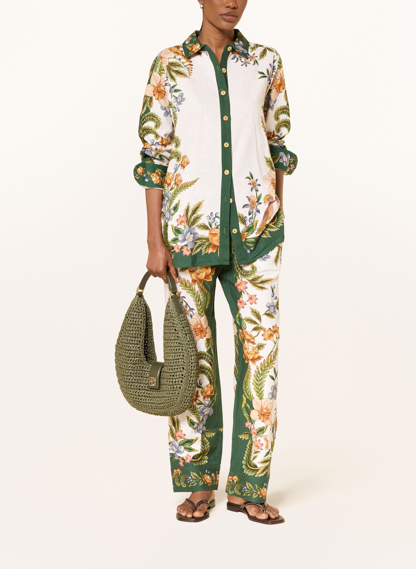 FARM RIO Marlene-broek NATURE SAND met linnen: ECRU / DONKERORANJE / DONKERGROEN