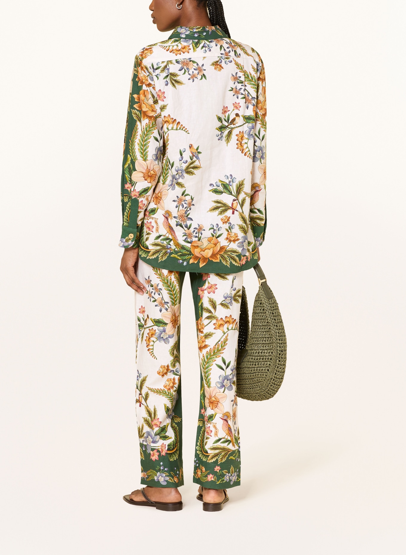 FARM RIO Marlene-broek NATURE SAND met linnen: ECRU / DONKERORANJE / DONKERGROEN