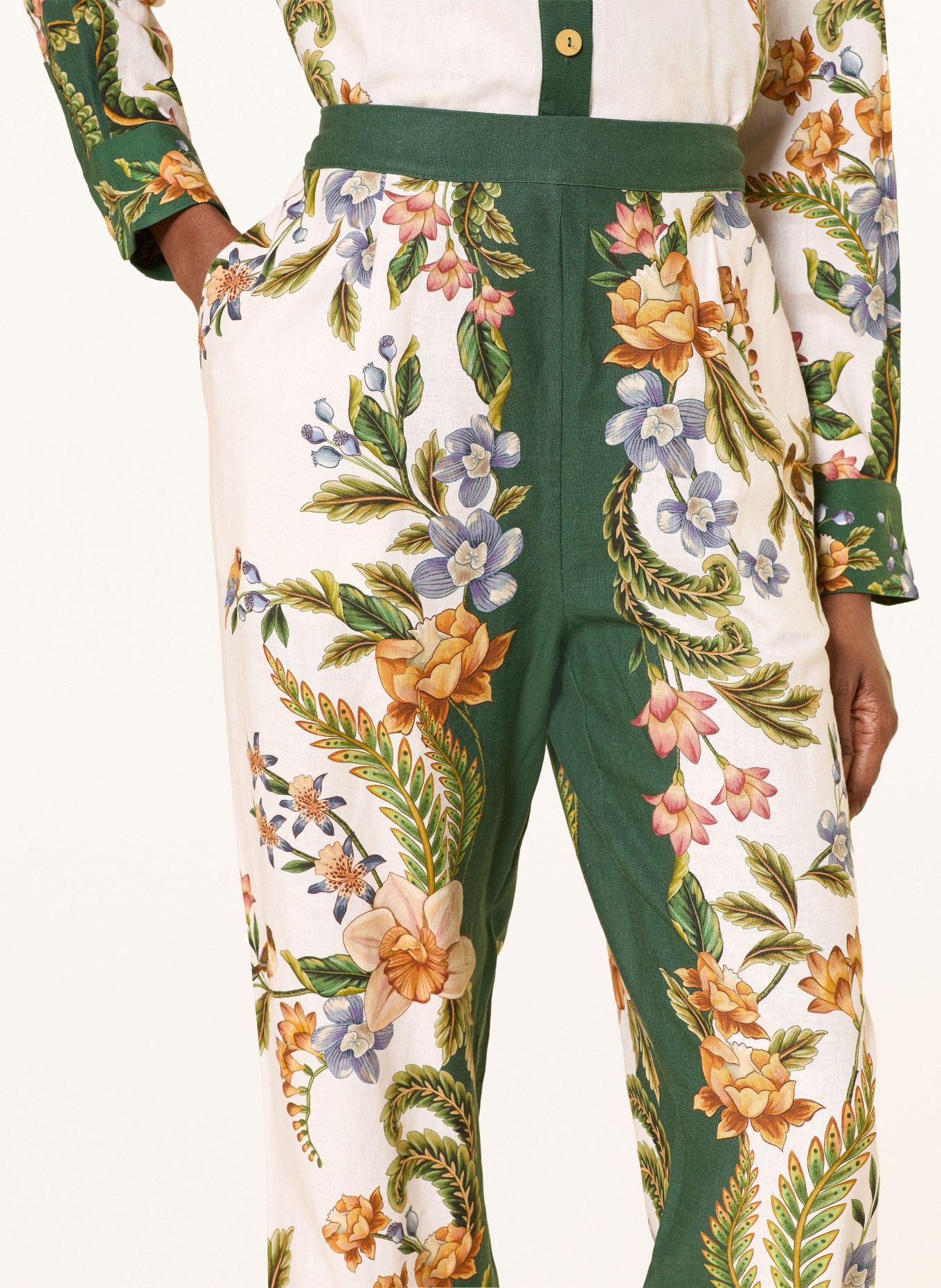 FARM RIO Marlene-broek NATURE SAND met linnen: ECRU / DONKERORANJE / DONKERGROEN