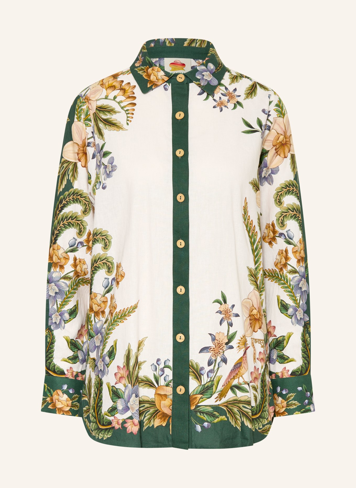 FARM RIO Overhemdblouse NATURE SAND met linnen: ECRU / DONKERORANJE / DONKERGROEN