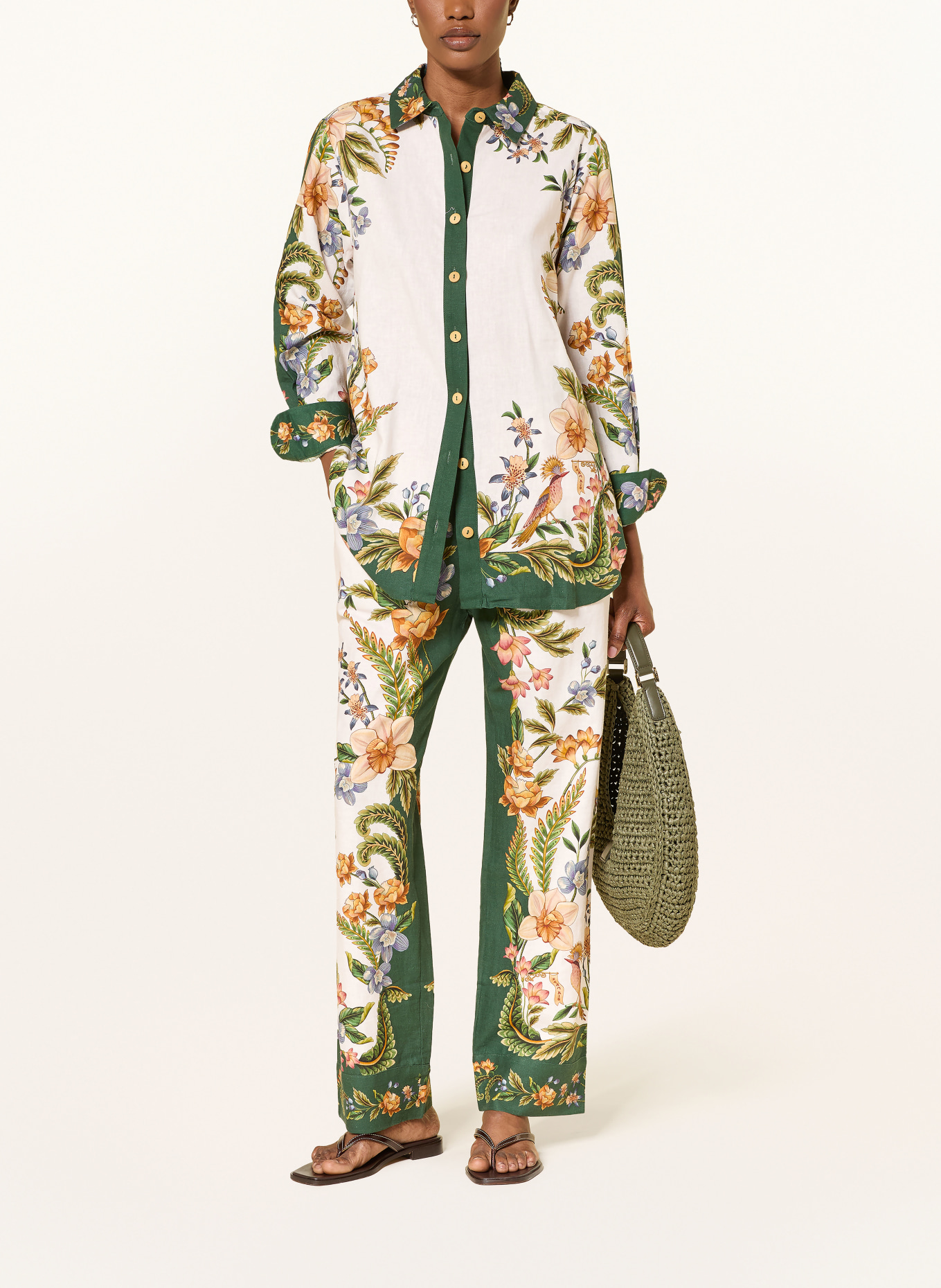 FARM RIO Overhemdblouse NATURE SAND met linnen: ECRU / DONKERORANJE / DONKERGROEN