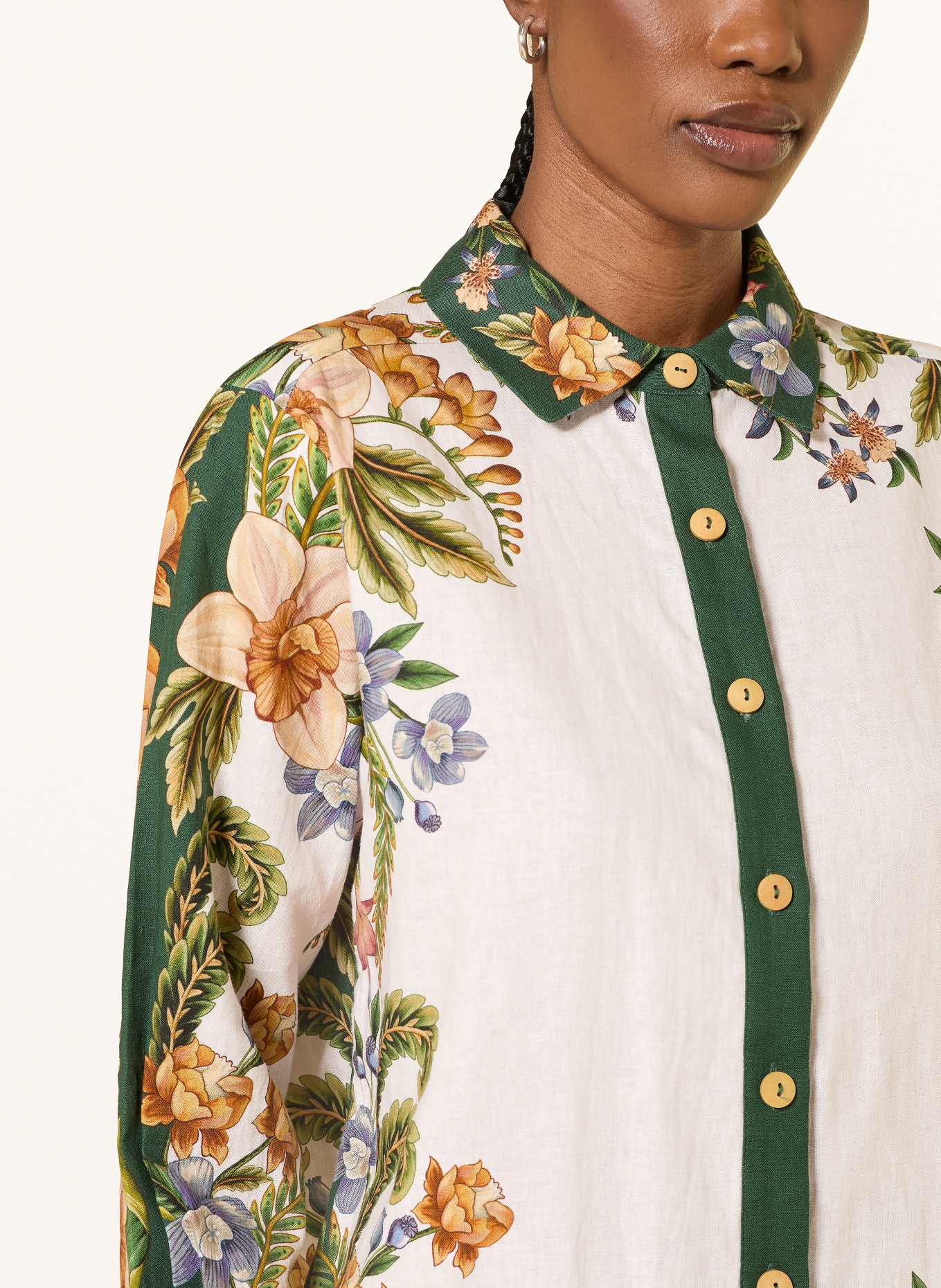 FARM RIO Overhemdblouse NATURE SAND met linnen: ECRU / DONKERORANJE / DONKERGROEN