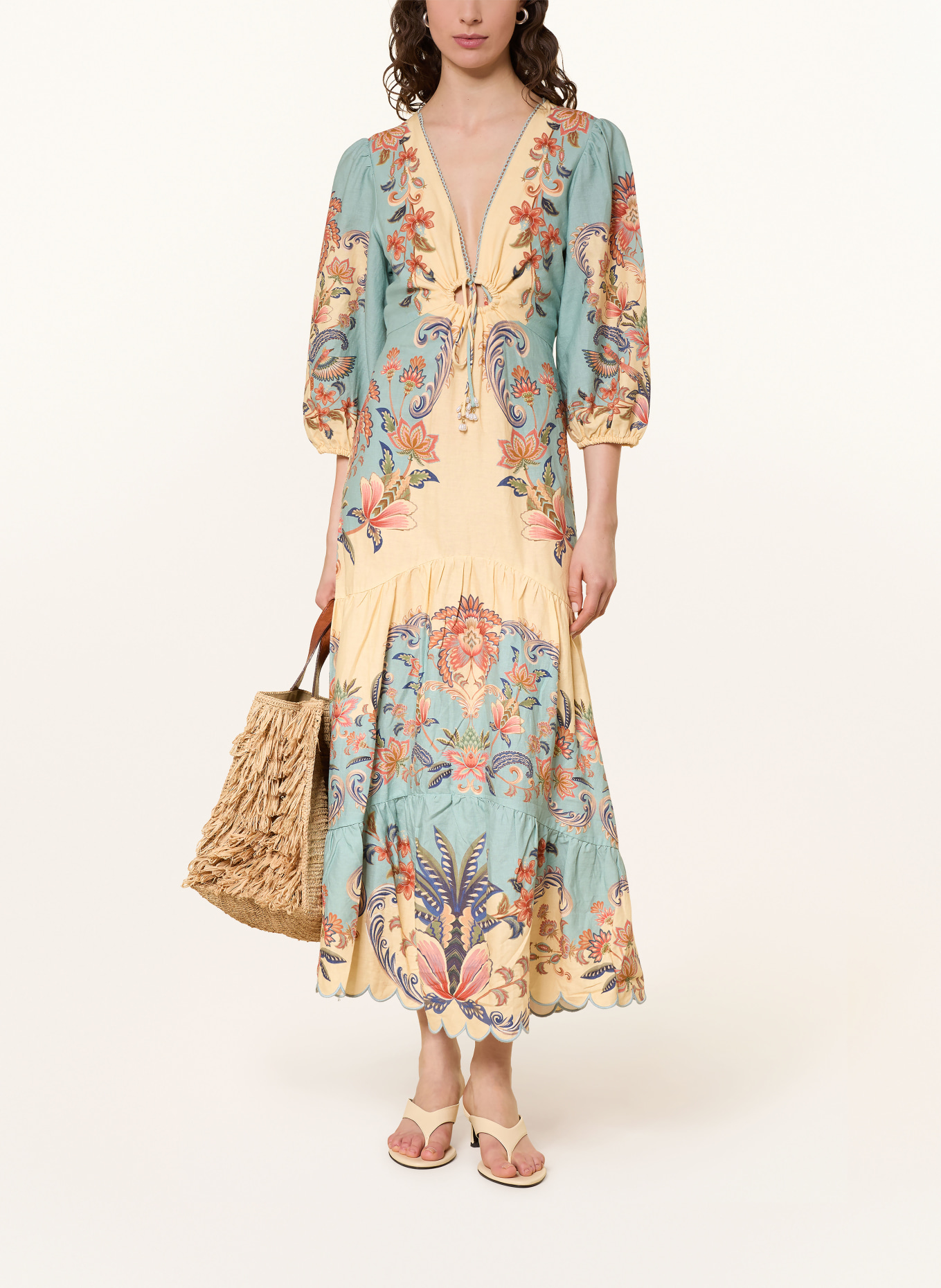 FARM RIO Jurk van linnen met ruches: LICHTGEEL / LICHTORANJE / TURQUOISE