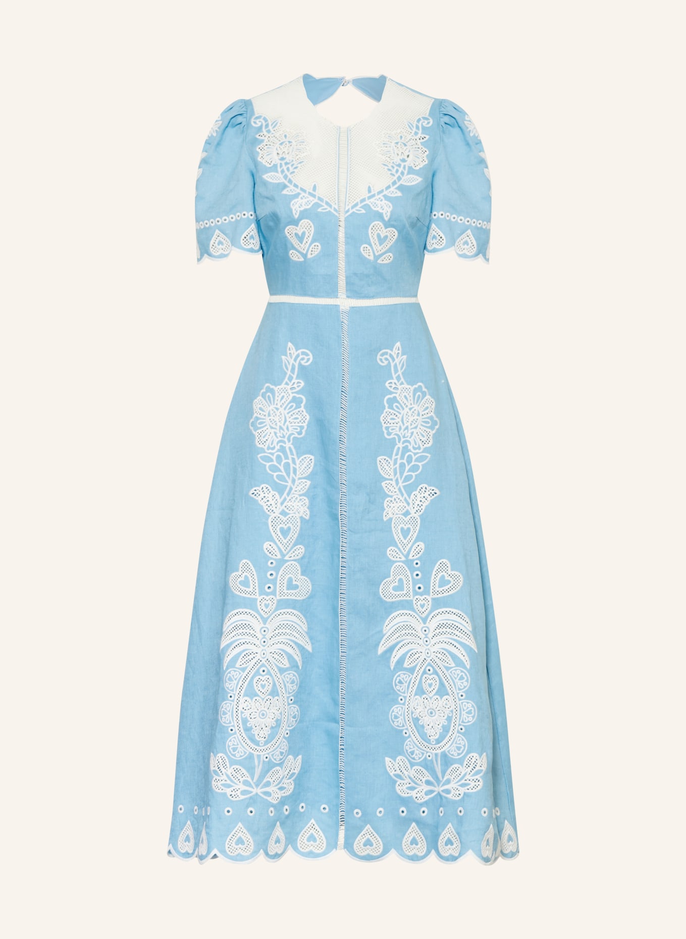 FARM RIO Linnen jurk met opengewerkte kant: LICHTBLAUW / WIT