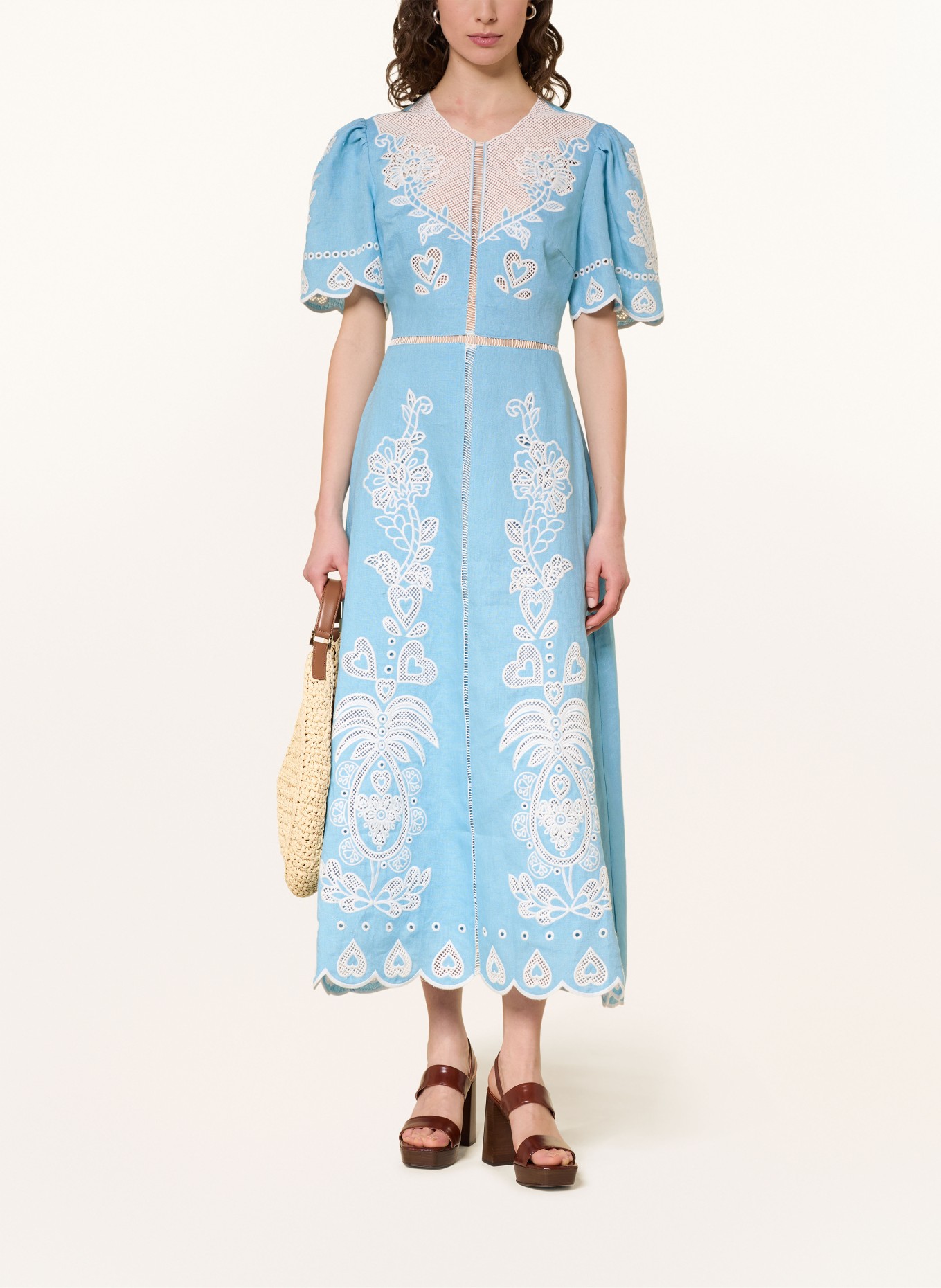 FARM RIO Linnen jurk met opengewerkte kant: LICHTBLAUW / WIT