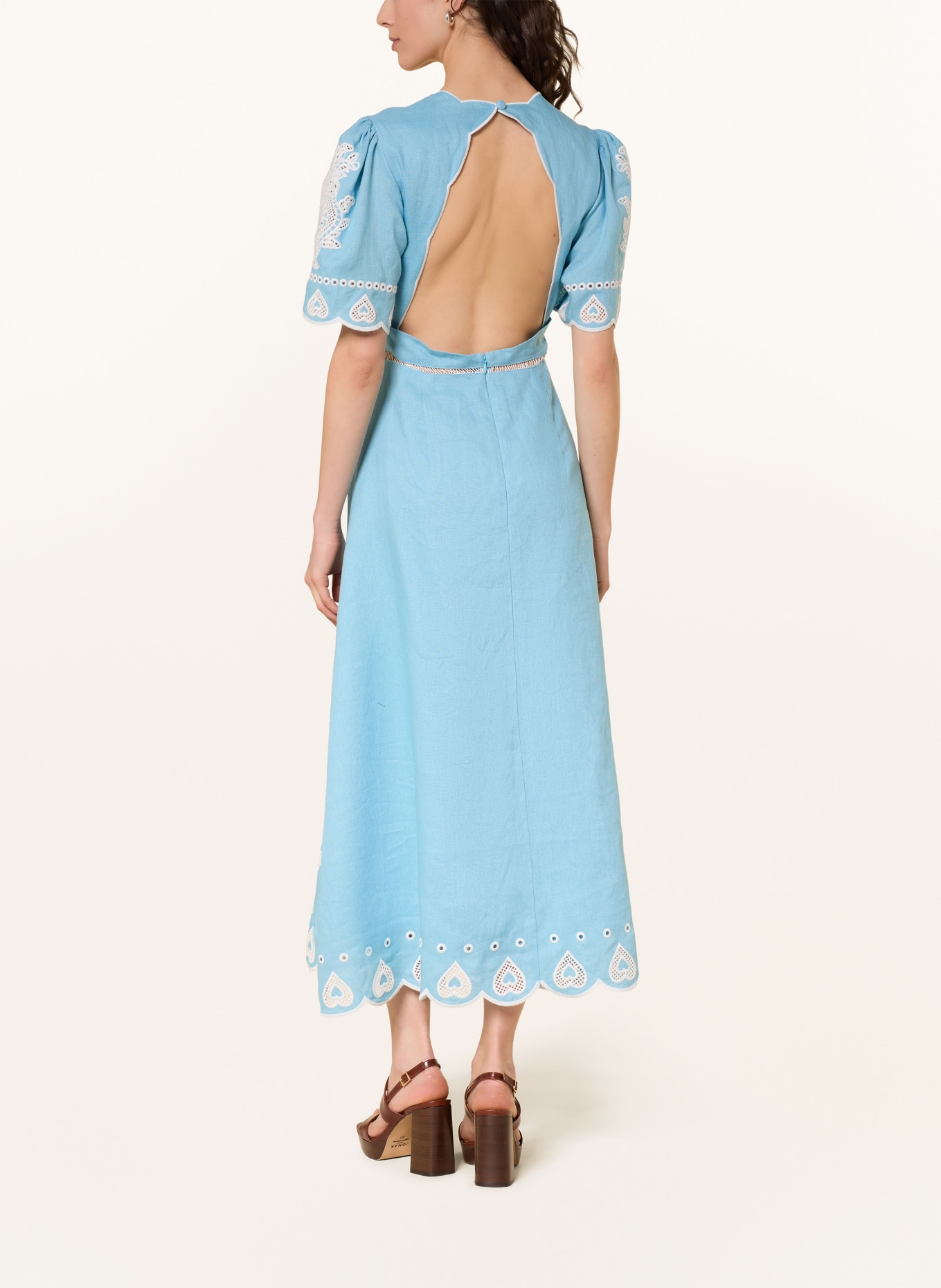 FARM RIO Linnen jurk met opengewerkte kant: LICHTBLAUW / WIT