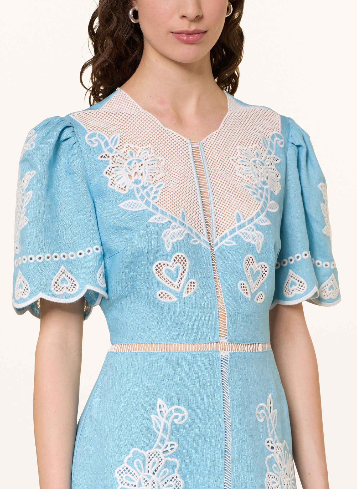 FARM RIO Linnen jurk met opengewerkte kant: LICHTBLAUW / WIT